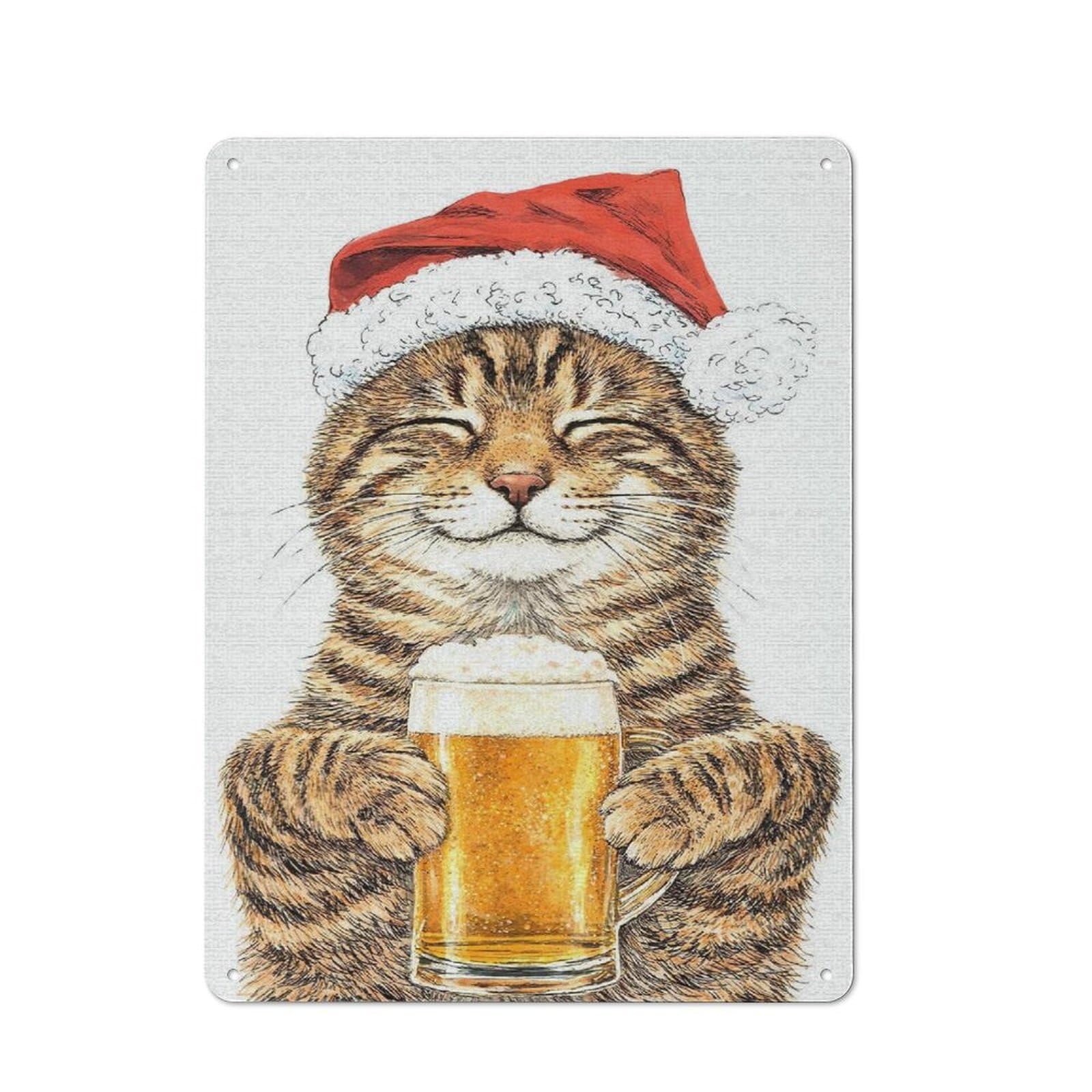 Junmoney Style-22 Industrial Metal Sign With Cat In Santa Hat With Beer Design 40X30cm, Modern Retro Loft Wall Plaque For Workspace, Cafe, Hallway Or Garage