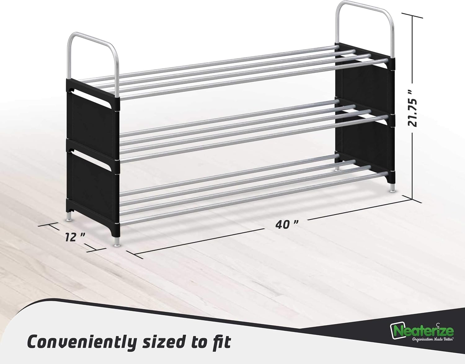 NEATERIZE 3 Tier Wide Shoe Rack | Stackable, Metal, Closet Shoe Organizer | Shoe Shelf Cabinet | Organizador De Zapatos | Shoe Rack for Closets, Entryway, Living Room and Bedroom (Black)
