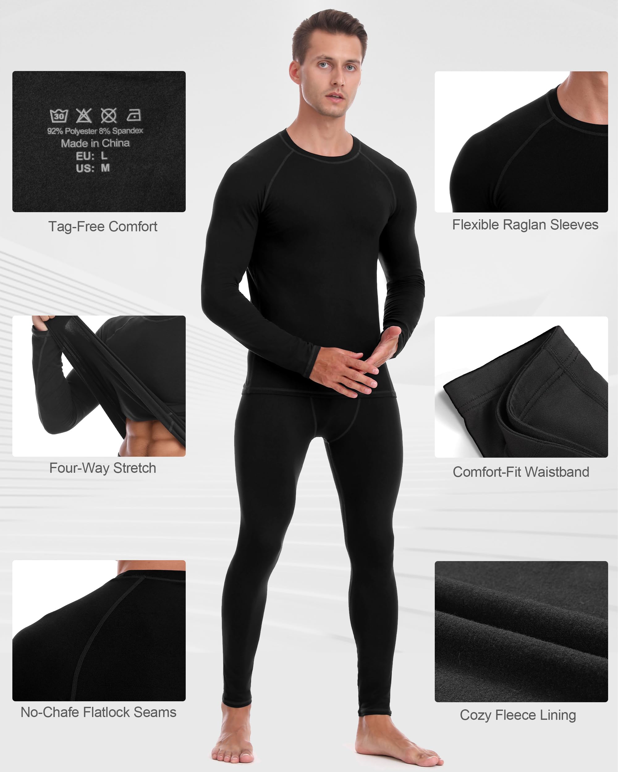 Mens Thermal Underwear Set - Fleece Lined Long Johns Thermals Top and Bottom Base Layer for Cold Weather Winter Ski