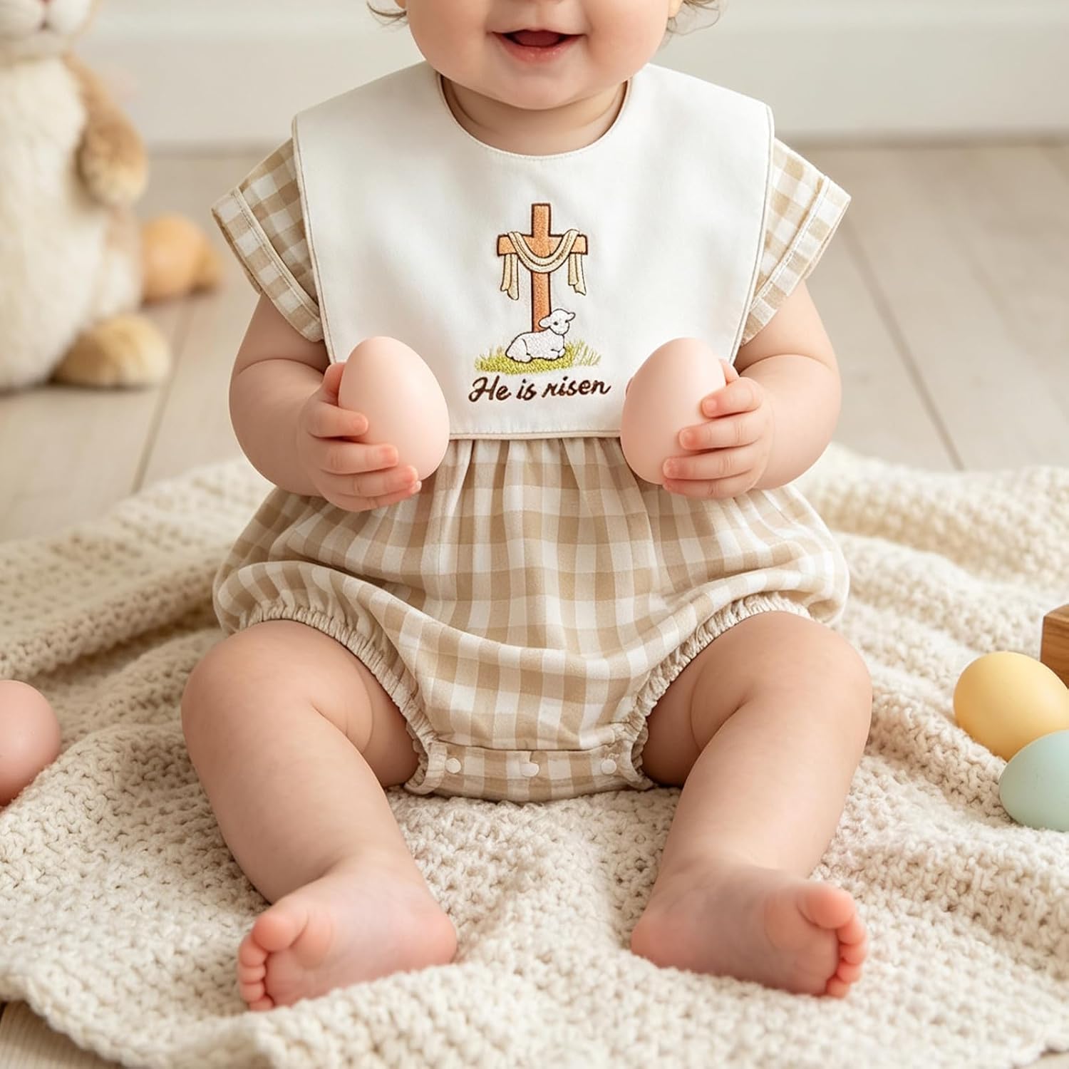 Baby Boy Girl Easter Outfit Bunny Cross Embroidery Plaid Print Short Sleeve Bubble Romper Church Baptism Clothes