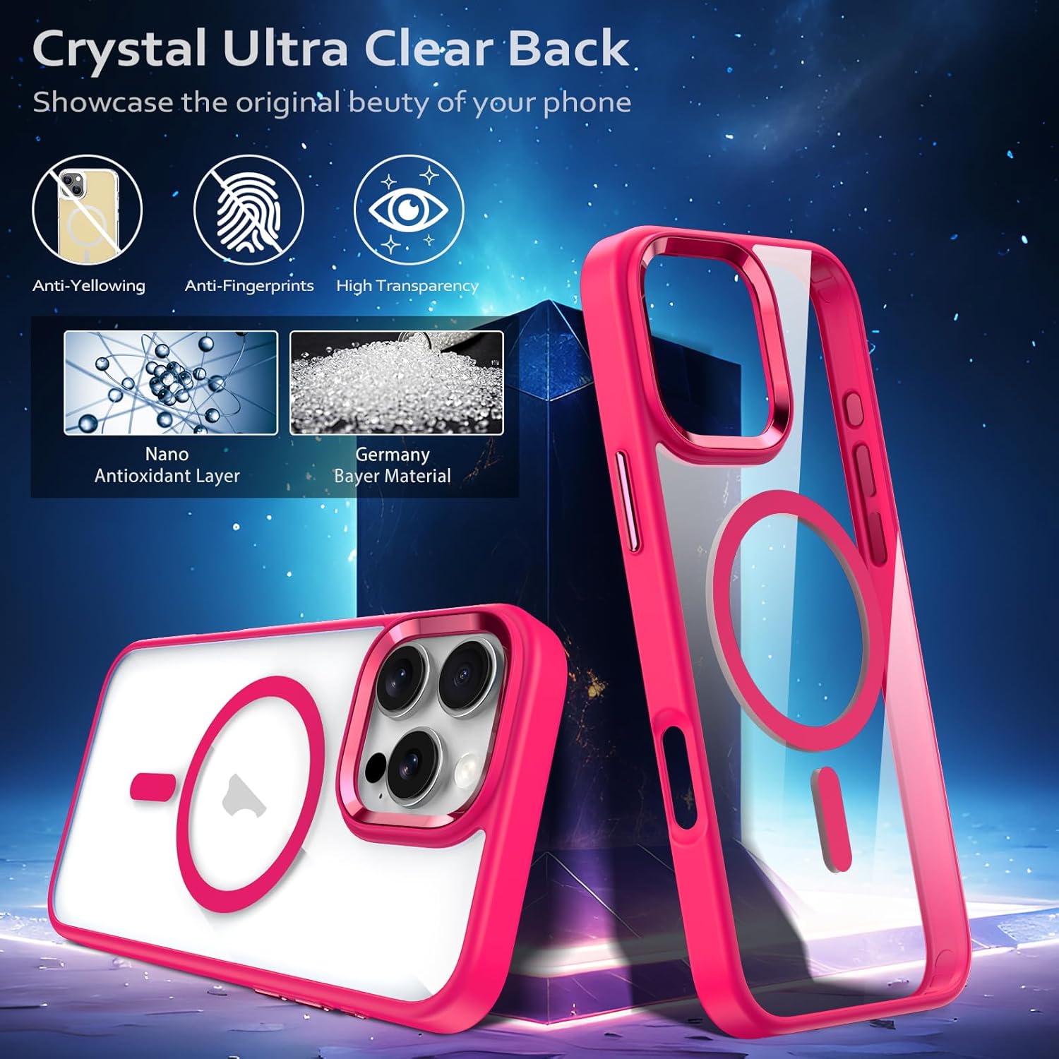 Magnetic for iPhone 16 Pro Max Case, [Compatible with MagSafe] [Military-Grade Protection] Clear Hard Back&Soft TPU Frame Shockproof Protective case for iPhone 16 Pro Max-6.9'' （Hot Pink） - Image 5