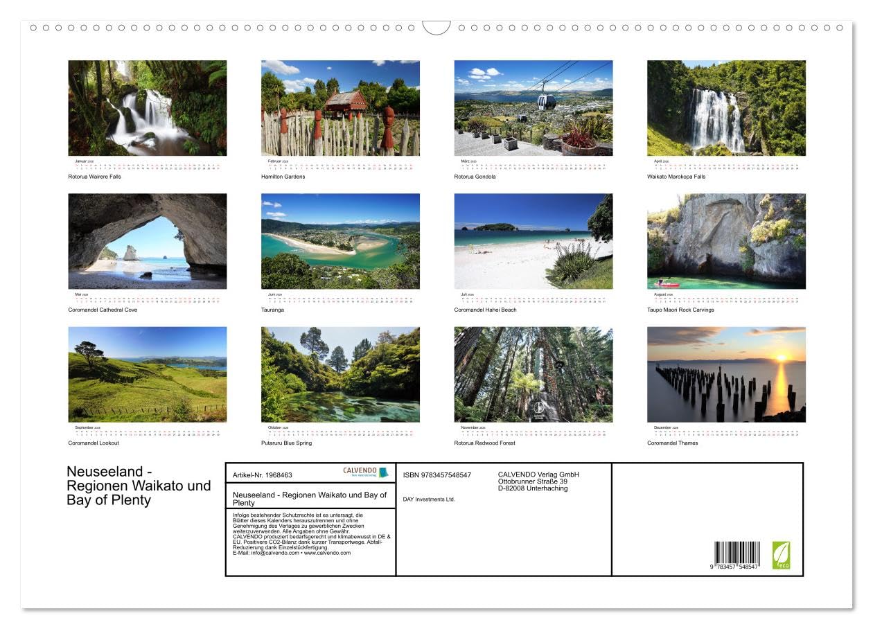 Neuseeland - Regionen Waikato und Bay of Plenty (Wandkalender 2026 DIN A2 quer), CALVENDO Monatskalender: Erleben Sie die Neuseelands schönste Regionen Waikato und Bay of Plenty