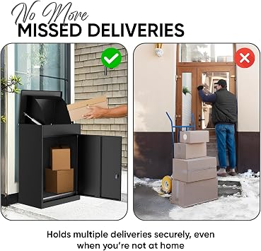 BELOFAY Wall Mounted Pre-assembled Parcel Box, Lockable Outdoor Parcel Delivery Box, Weatherproof Steel Drop Box with Flip Lid & Secure Front Door Access, Black, 30D x 50W x 75Hcm