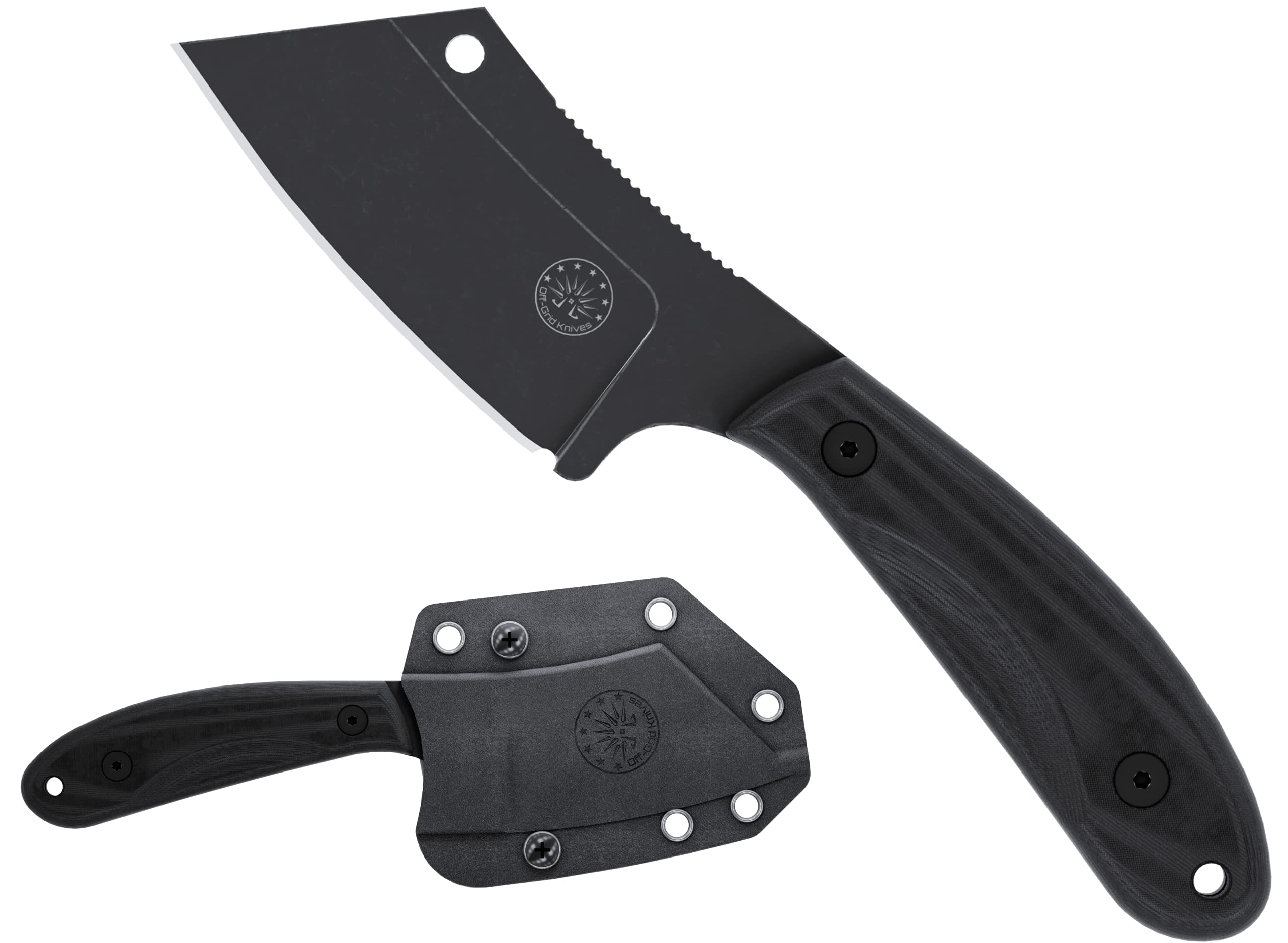 Off-Grid KnivesHoglet Fixed Blade Cleaver Knife, G10 & Kydex Sheath w/Belt Clip, Camping, Hunting, Hiking, Camp Kitchen (Blackout)