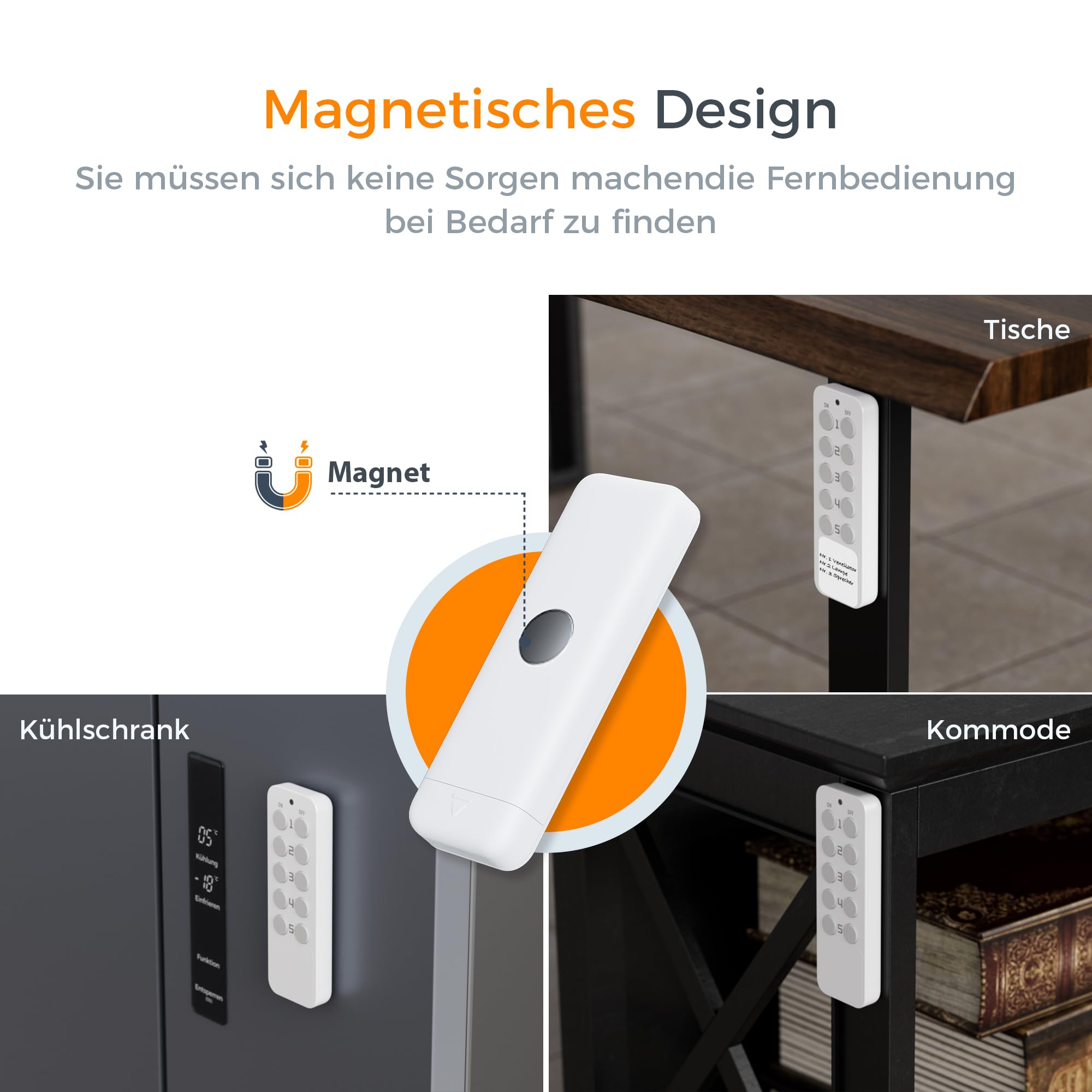 TESSAN Funksteckdosen Set, 5 Steckdosen mit 2 Handsender | Reichweite 30,5M Betriebsbereich für Weihnachtsdekoration, Haushaltsgeräte und Lampen, 2300 W, Weiß