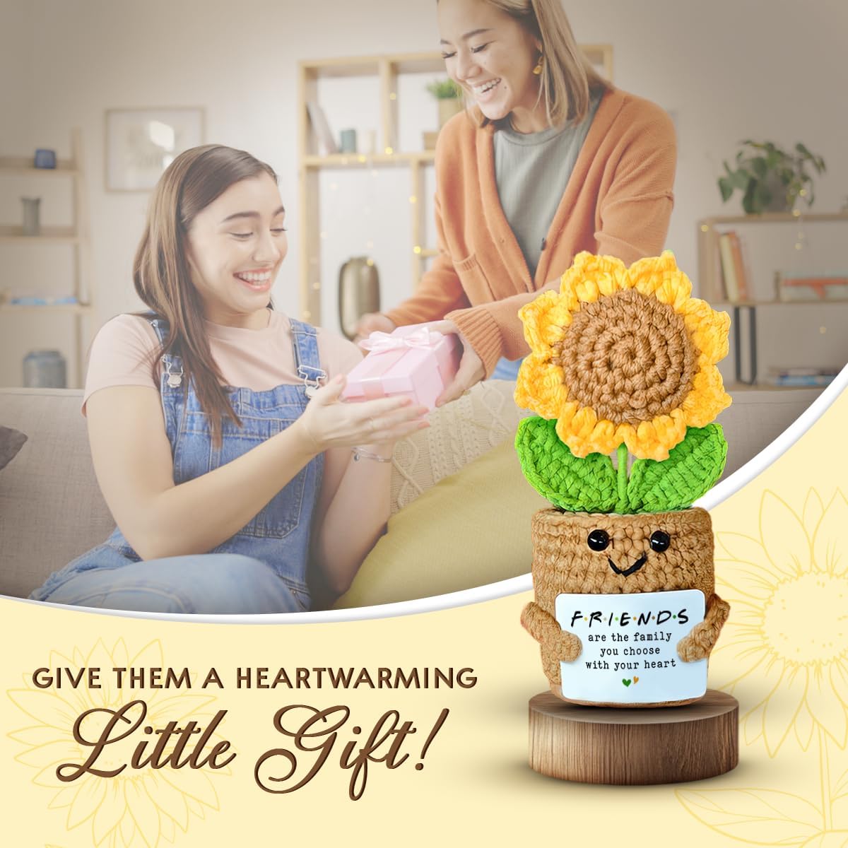 Mini Sunflower Crochet Gift with Card for Women Best Friend, Soul Sister, Long Distance Pal, Friends Are the Family You Choose, Cute Decor for Birthday, Christmas for Bestie, BFF, Coworker