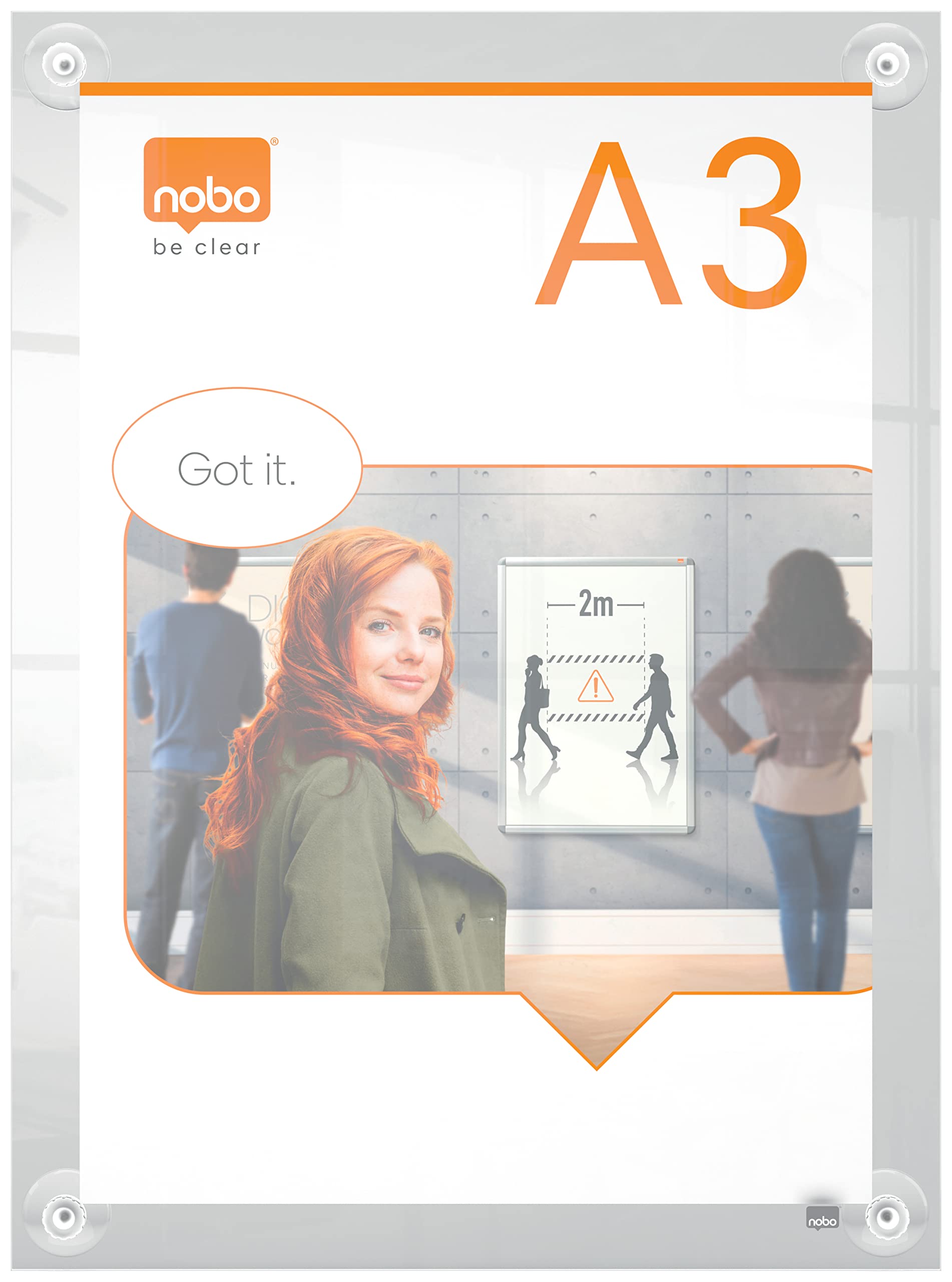 Nobo A3 Posterrahmen aus Acryl mit Wandhalterung, rahmenlos, Hoch-/Querformat, Befestigung mit Saugnapf-Pads, Premium Plus, transparent, 1915599