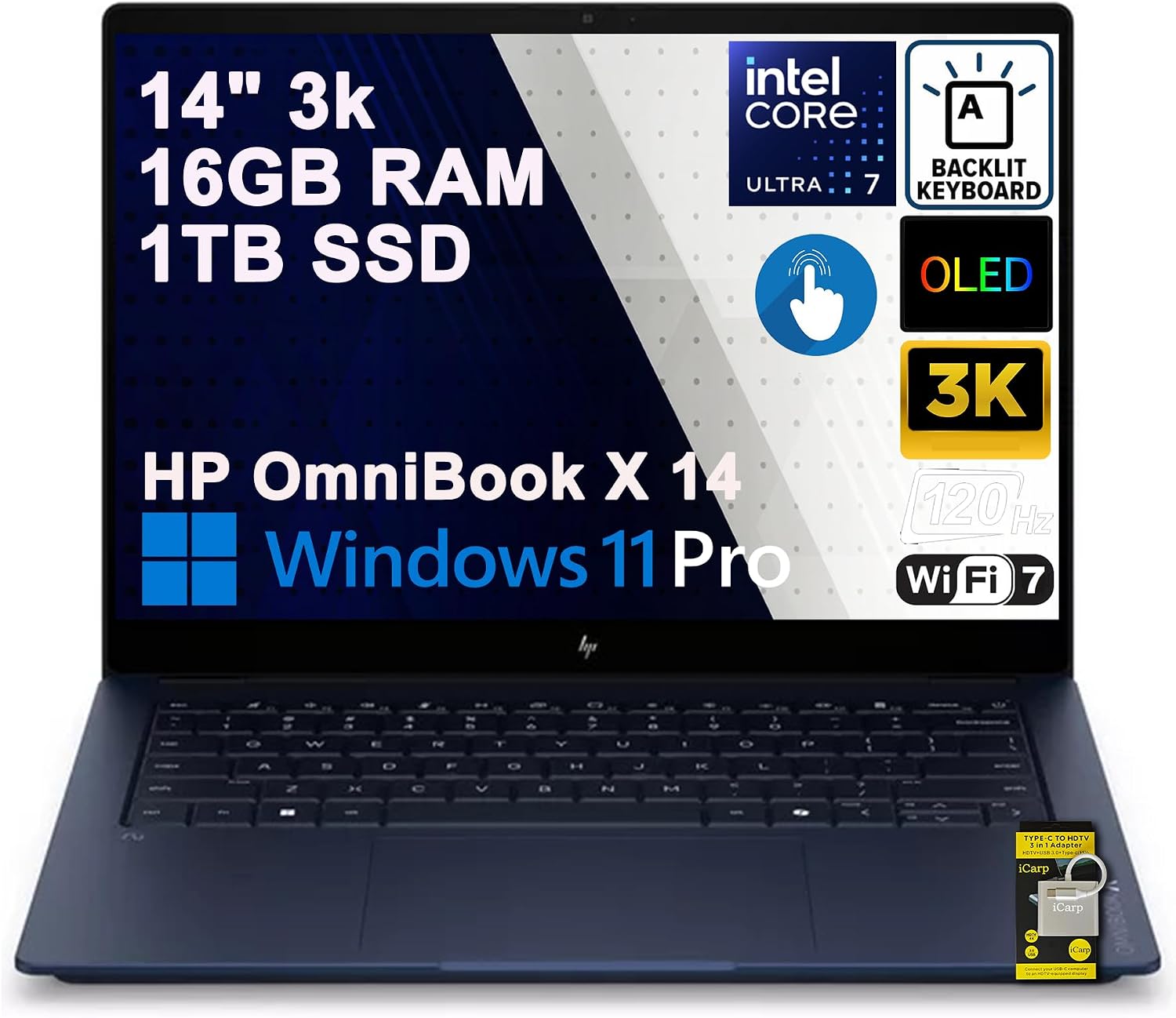 HP OmniBook X 14 Laptop (Previously Elitebook X) 14" 3k OLED 120Hz Touch Intel 8-core Ultra 7 355 (49 AI Tops) 16GB RAM 1TB SSD Backlit for Creator Designer Business Professional Win11Pro ICP Acc