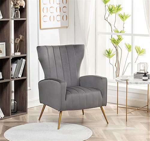 Miniatura 3 de Sillón moderno de terciopelo con diseño de canal, muebles de dormitorio, oficina o sala de estar con elegantes patas de metal, color gris