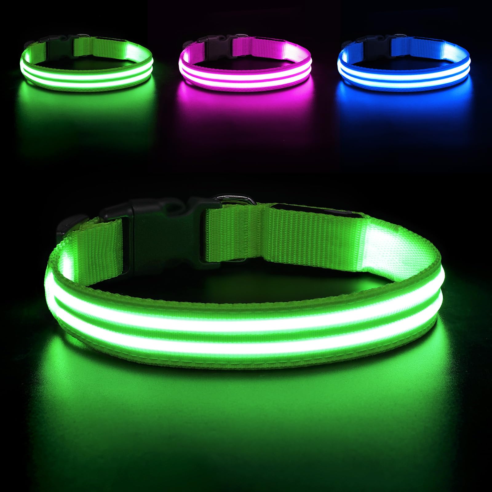 BSEEN Light Up Dog Collar - High Visibility LED Dog Collar Rechargeable, Double Line Fiber Optic Glow in The Dark Dog Collars, Safety Dog Lights for