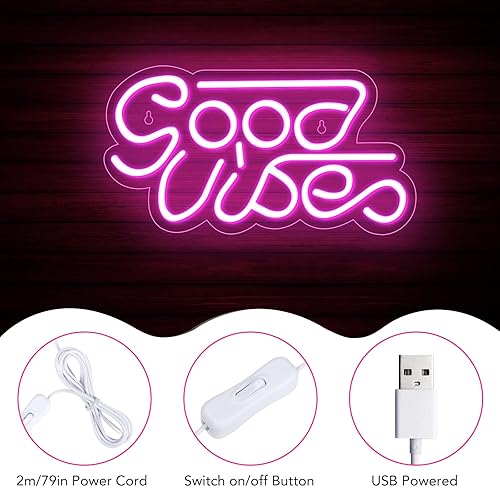 Miniatura 5 de Good Vibes Neon Sign, LED Neon Signs for Wall Decor, Neon Lights Powered by USB for Bedroom, Party, Bar, Wedding Decor-Pink(13 x 7 inch)