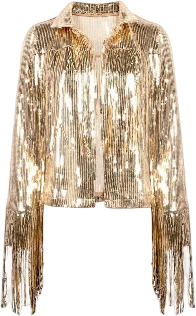 Women's Tassel Sequin Jacket Sequin Fringe Long Sleeve Metallic Jacket Party Shiny Coat Rave Outerwear Coat Glitter Sparkle Open Front Coat