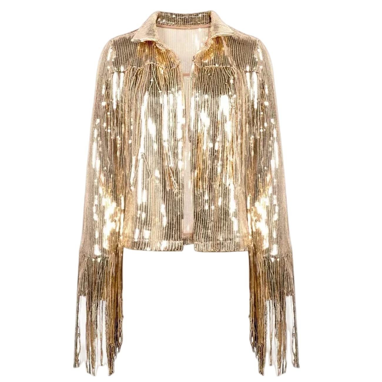 Women's Tassel Sequin Jacket Sequin Fringe Long Sleeve Metallic Jacket Party Shiny Coat Rave Outerwear Coat Glitter Sparkle Open Front Coat