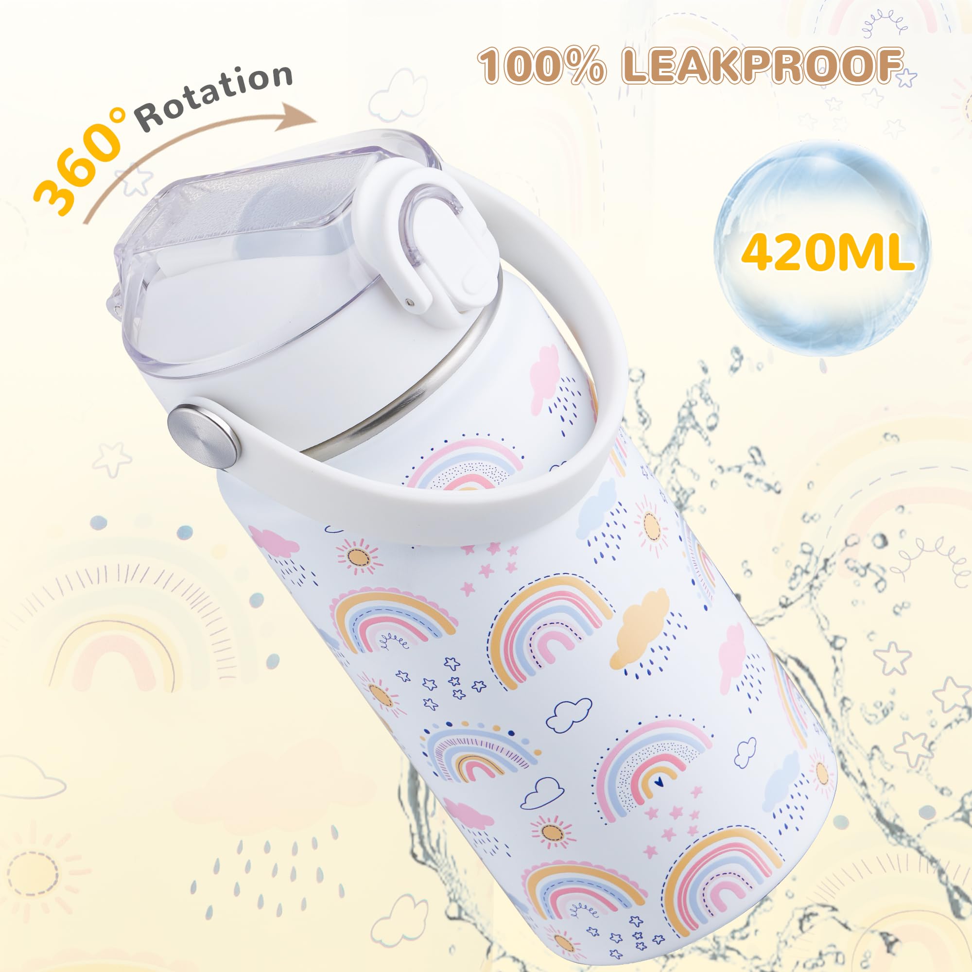 420ml Botella De Agua Aislada Para Niños Con Pajita, Botella Agua Acero Inoxidable, Botella Termica Infantil Frías y Calientes Sin BPA