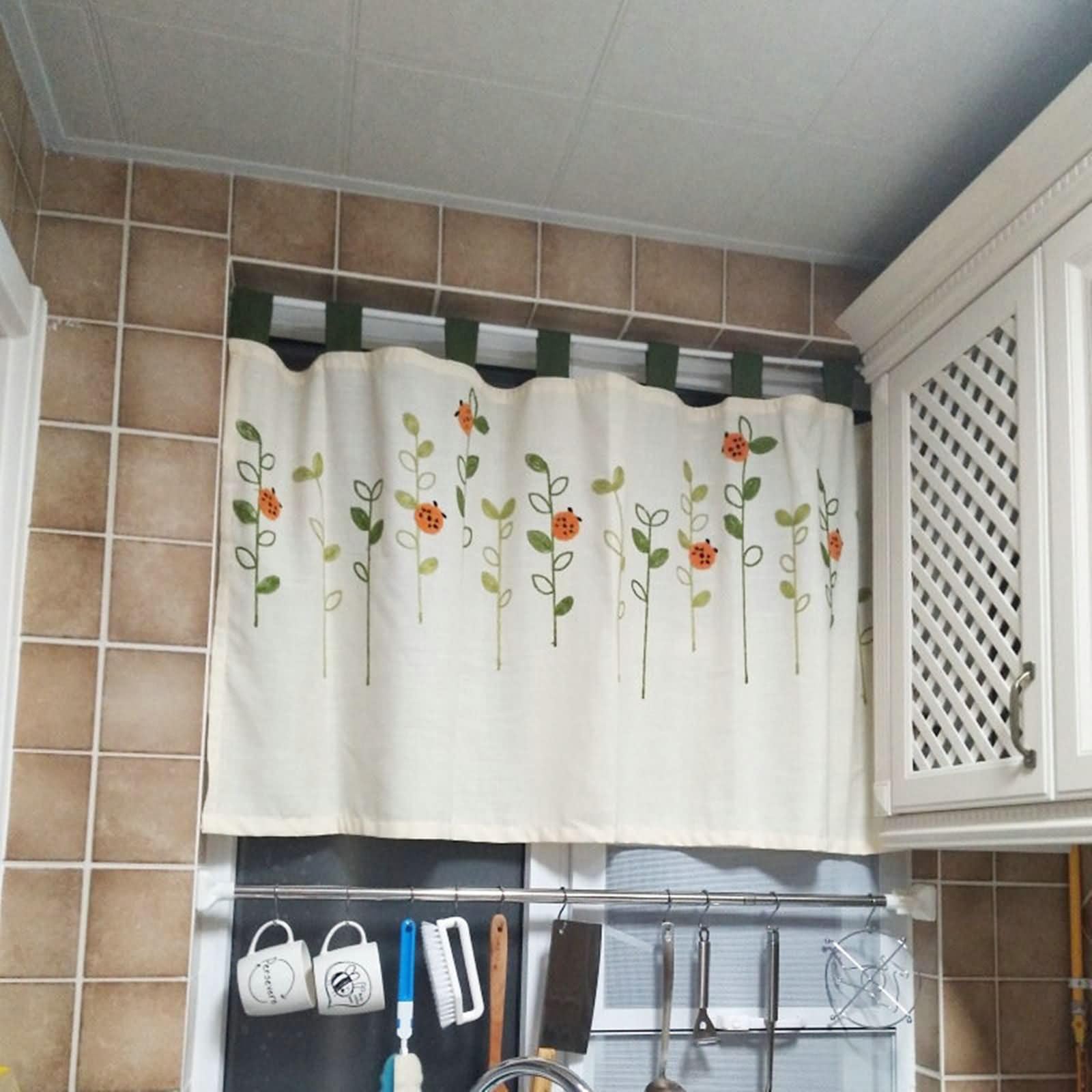 Firanka bistro, zestaw 1 szt., 1 x 200 W x 80 cm (wys. x szer.), krótkie zasłony, żółto-beżowe, liście, gałązki, haftowany wzór, zasłony do salonu, kieszeń na pręt