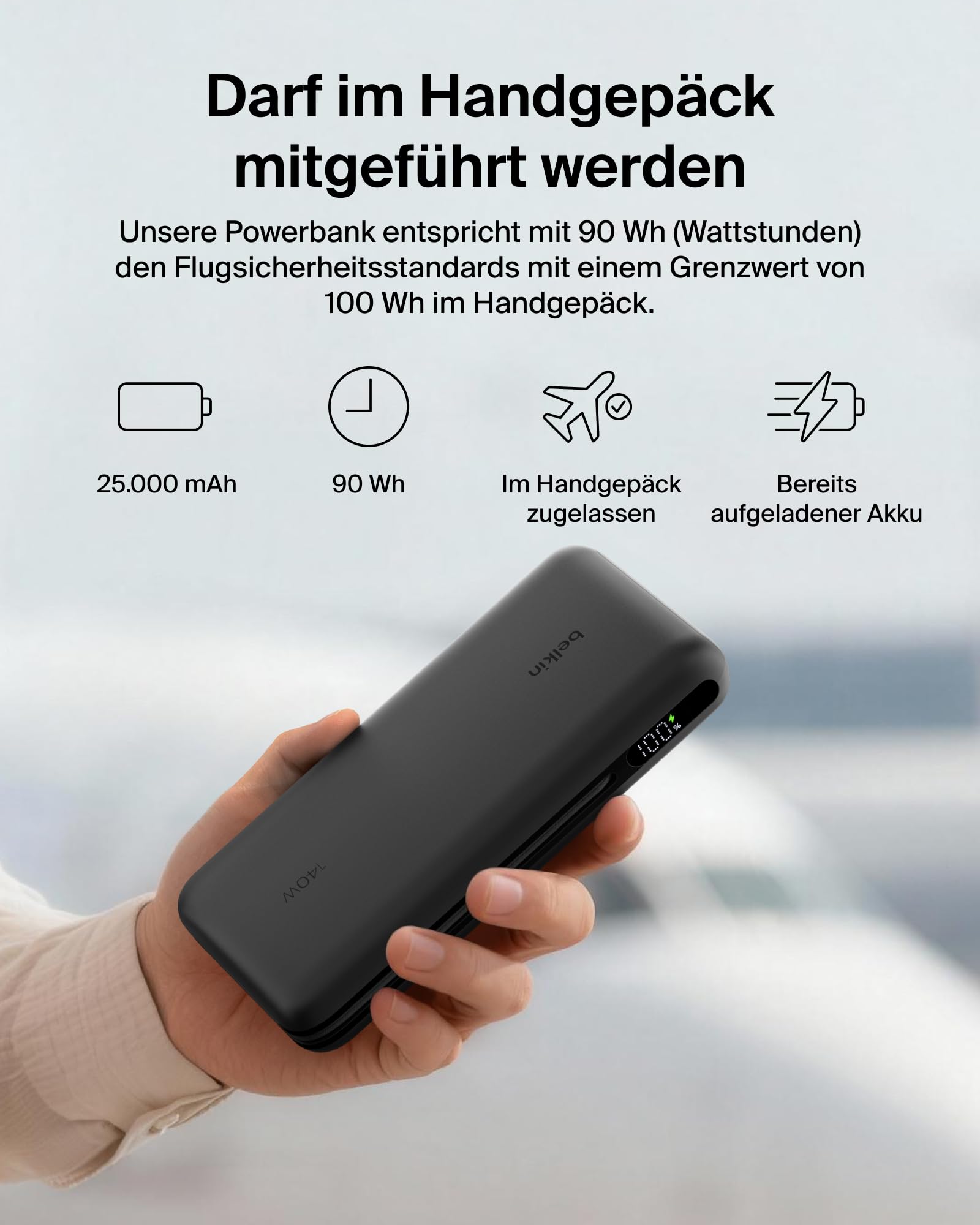 Belkin UltraCharge Pro 25000mAh Power Bank Laptop, Schnellladen – Schwarz | 25K Powerbank, 1 USB-C-Port + Kabel, 1 USB-A-Port, 158W Akkupack mit Power Delivery, Bereits Aufgeladen, Digitalanzeige