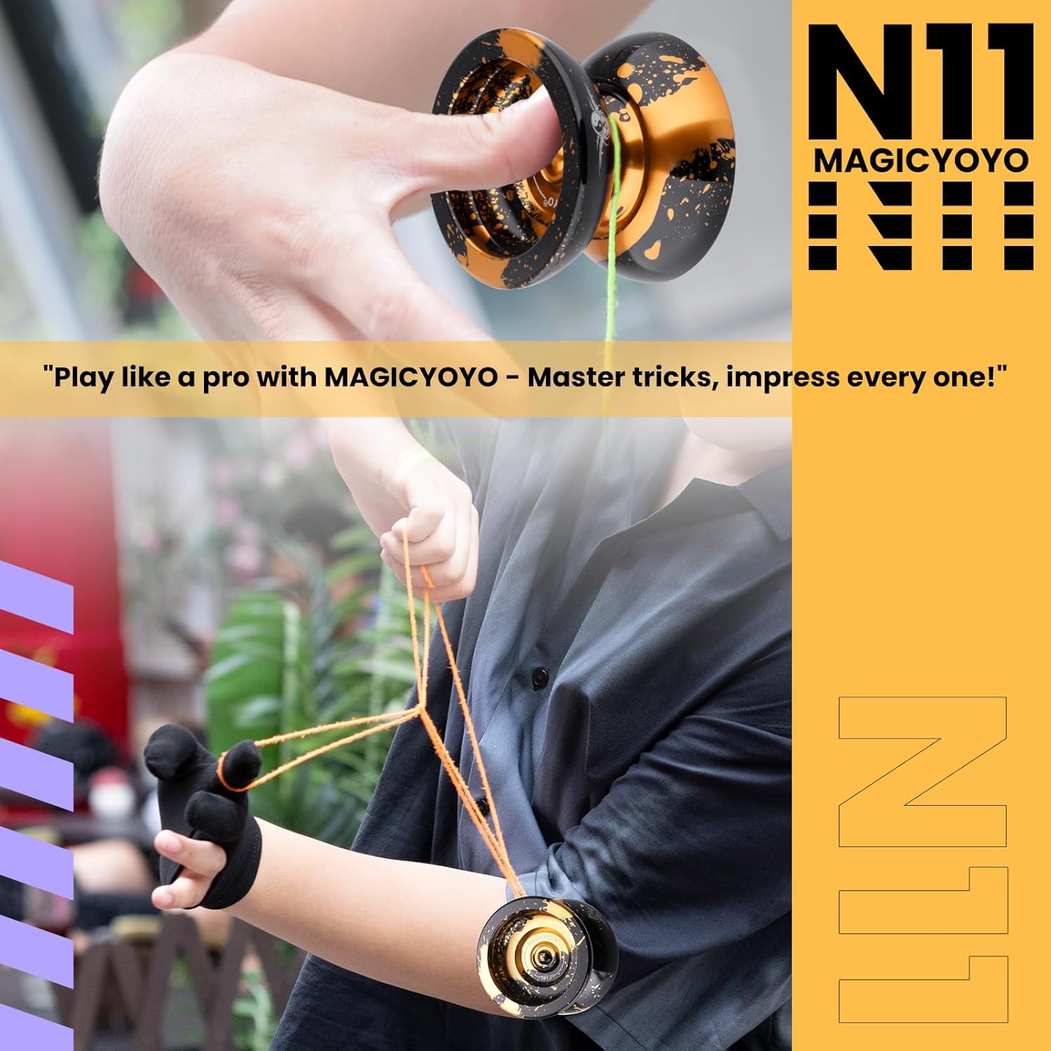 MAGICYOYO Dual Purpose Yoyo N11 - Responsive Yo Yo for Kids 8-12 or Above & Unresponsive Bearing Kit for Advanced Edge Hook Finger Spin with Yo Yo Glove + Bag + 12 Yoyo Strings (Black Golden)