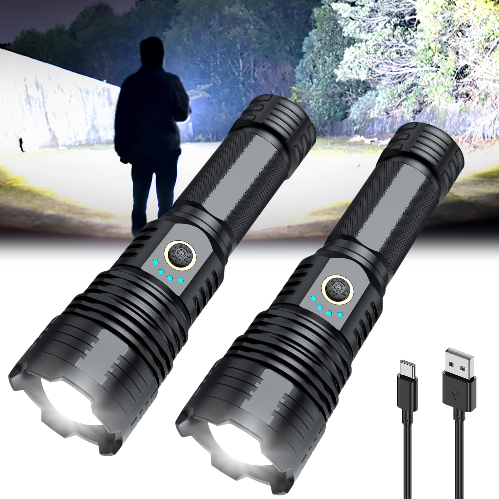 Alifa Rechargeable Flashlights 990,000 High Lumens - 2 Pack, Super Bright 15 Hours Long Life LED Flashlight with 5 Modes, High Powered Flash Light for Home, Outdoor