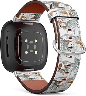 CJBROES Replacement Leather Watch Band, Compatible with Fitbit Versa 3 and Fitbit Sense of Wristband Bracelet Accessory - Watercolor-Winter-Landscape-Deers