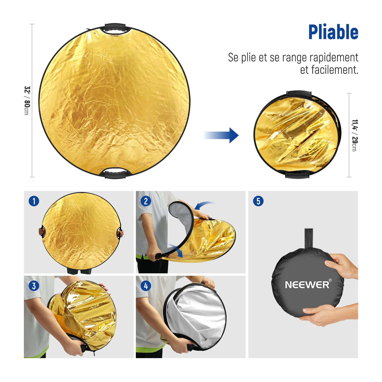NEEWER Réflecteur de Lumière,Diffuseur de Lumière Multi-disques Pliable 5 en 1,Translucide/Argenté/Doré/Blanc/Noir,avec Poignées
