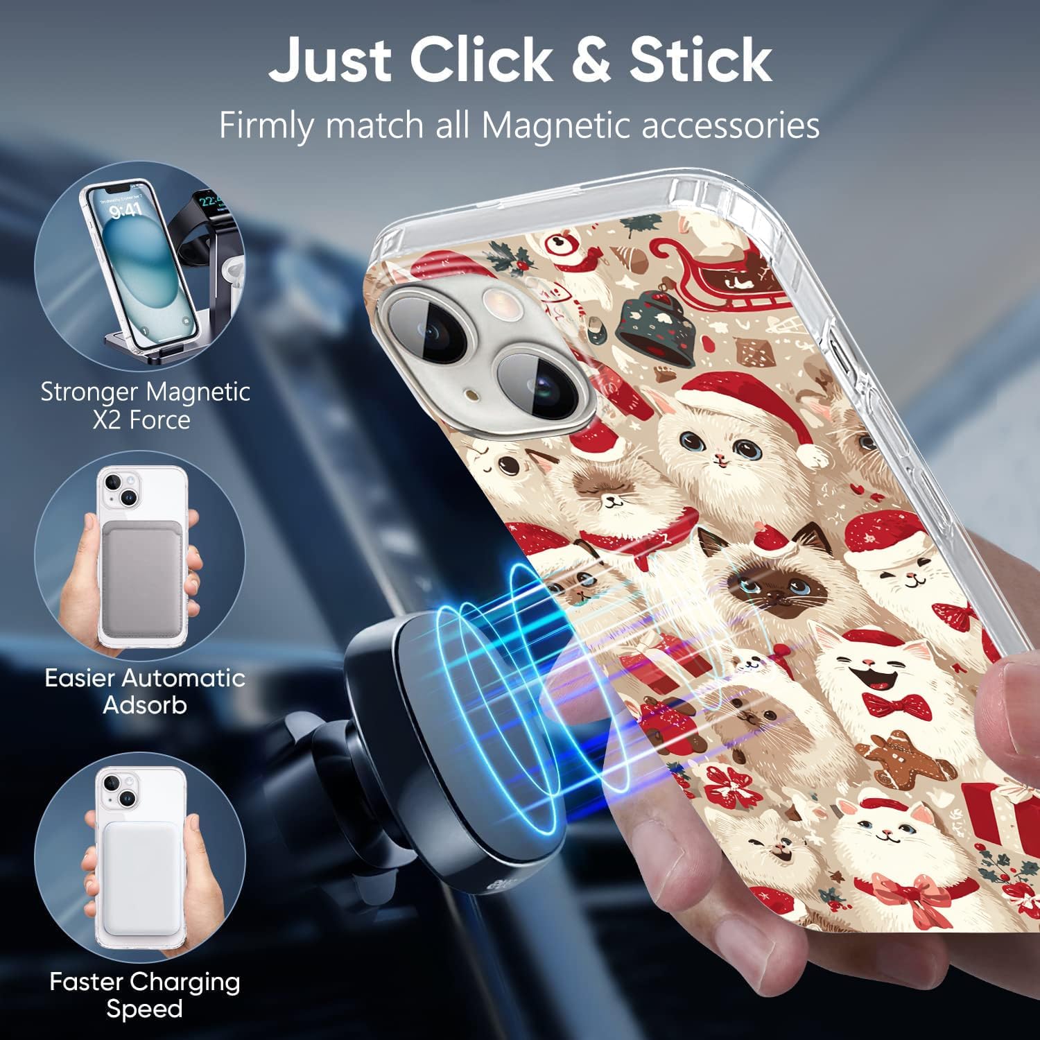 Cute Case for iPhone 13 Pro,Christmas Cat Family Compatible with MagSafe Accessories,Clear Slim Thin Aesthetic Lovely Phone Case Cover for Women Girly image 3