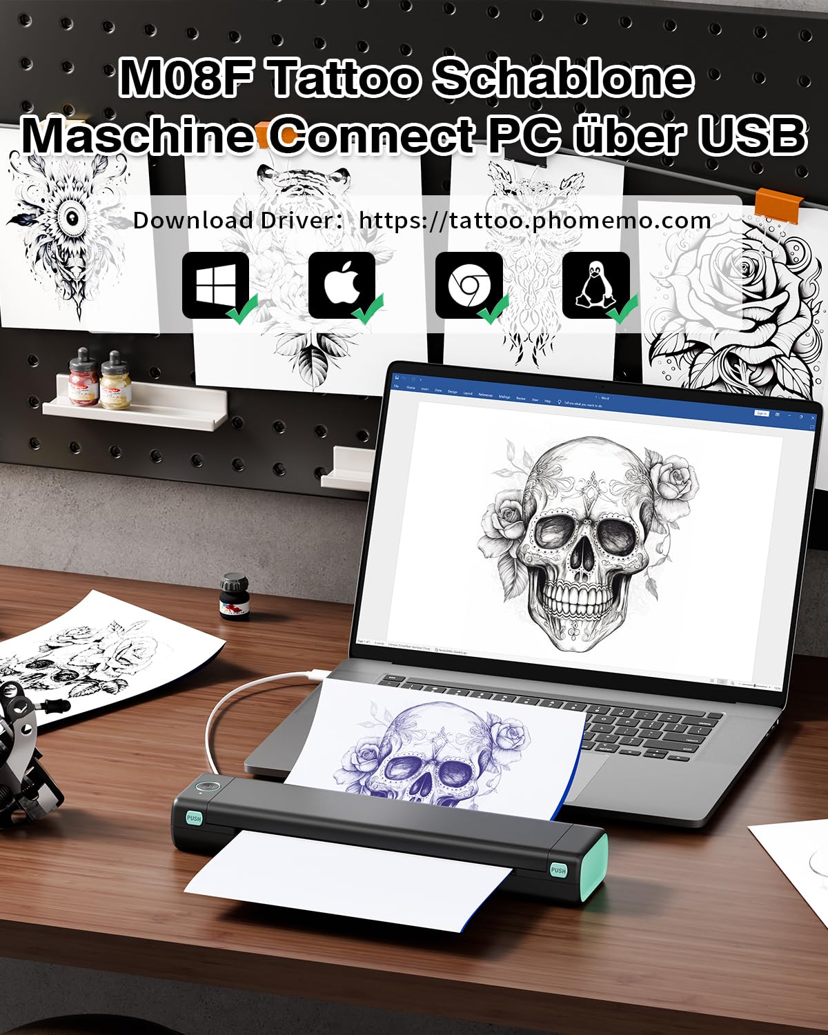 Phomemo M08F Stampante per Tatuaggi per Principianti e Artisti, Stencil Machine Compatibile Con Smartphone, Plotter Stampante Stencil Tattoo con 10 Fogli Trasferimento