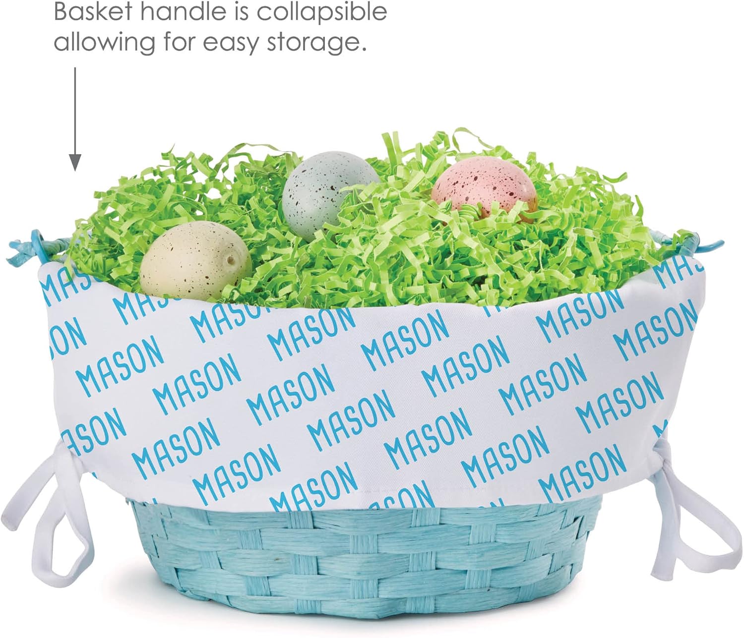My Name Pattern Personalized Easter Egg Basket with Handle and Custom Name | White Easter Basket Liners | Blue Basket | Woven Easter Baskets for Kids | Customized Easter Basket