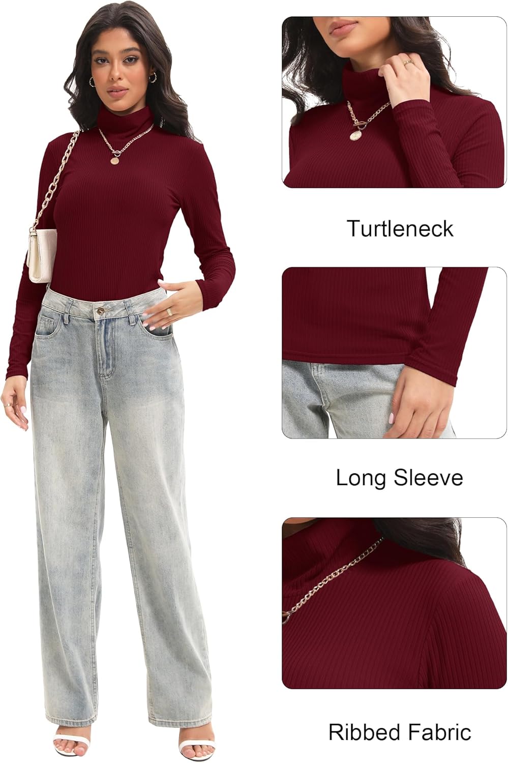 Siimcuzy 1/4 Pack Women's Ribbed Turtleneck Long Sleeve Shirts Basic Tops Fitted Stretch Sweater - Image 5