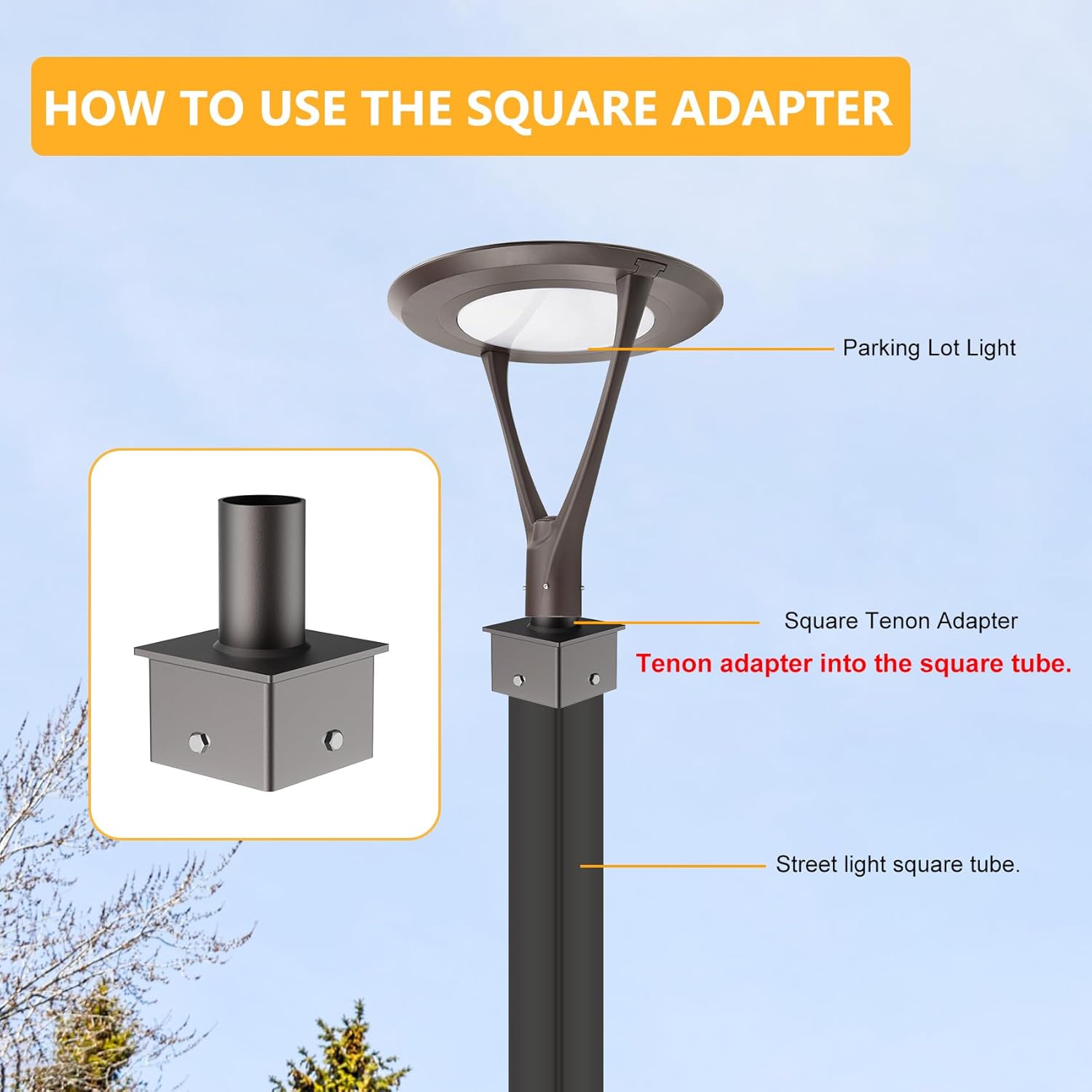 5" OD Square Pole Tenon Adapter with 2-3/8" Round Slip Fitter - Outdoor Light Fixture Mounting Bracket for Parking Lot, Shoebox, and Flood Lights - Heavy-Duty Steel Construction