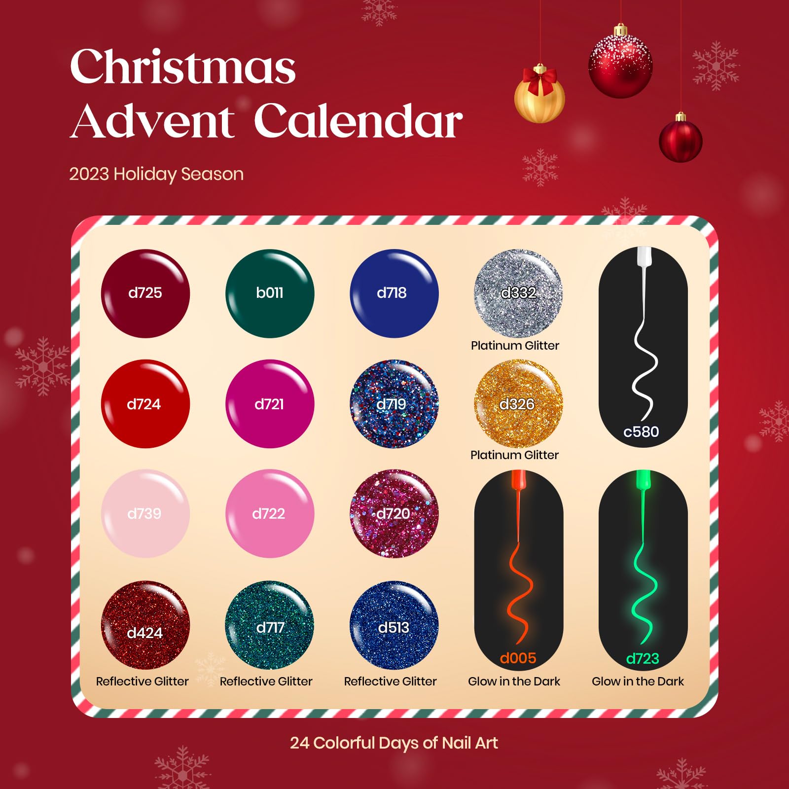Amazon.com : Beetles Gel Nail Polish Set,14+3 Colors Beauty Advent Calendar  2024 Box Red Green Pink Gold Silver Glitter Glow In The Dark Nail Polish  Glitter Top Coat Spring Gel Polish Gift