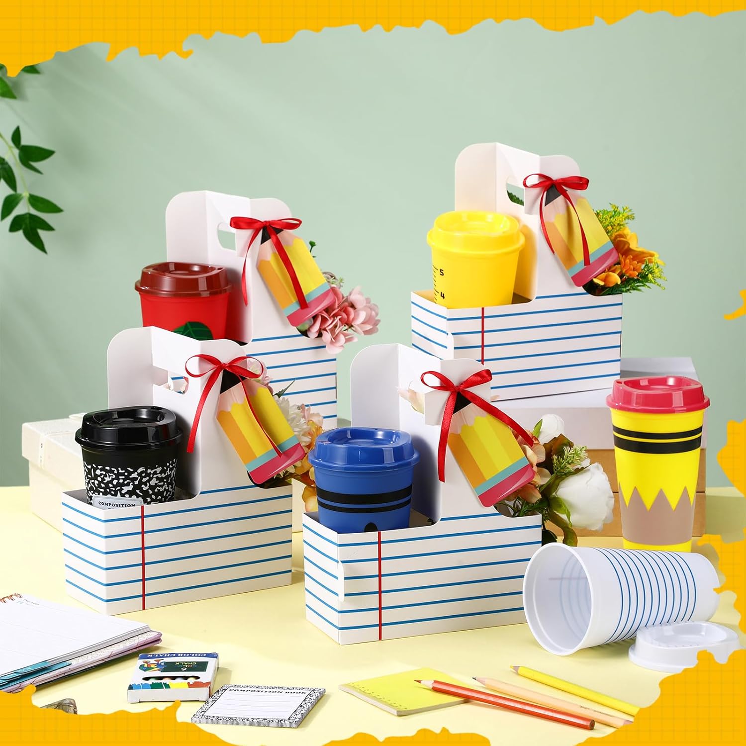 Qinyoung Teacher Valentine Gift Bulk Valentines Day Teacher Plastic Cups with Drink Sleeve Cup Drink Carrier with Handle with Pencil Card and Ribbon Thank You for Christmas Gift from Student(12 Sets) - Image 5