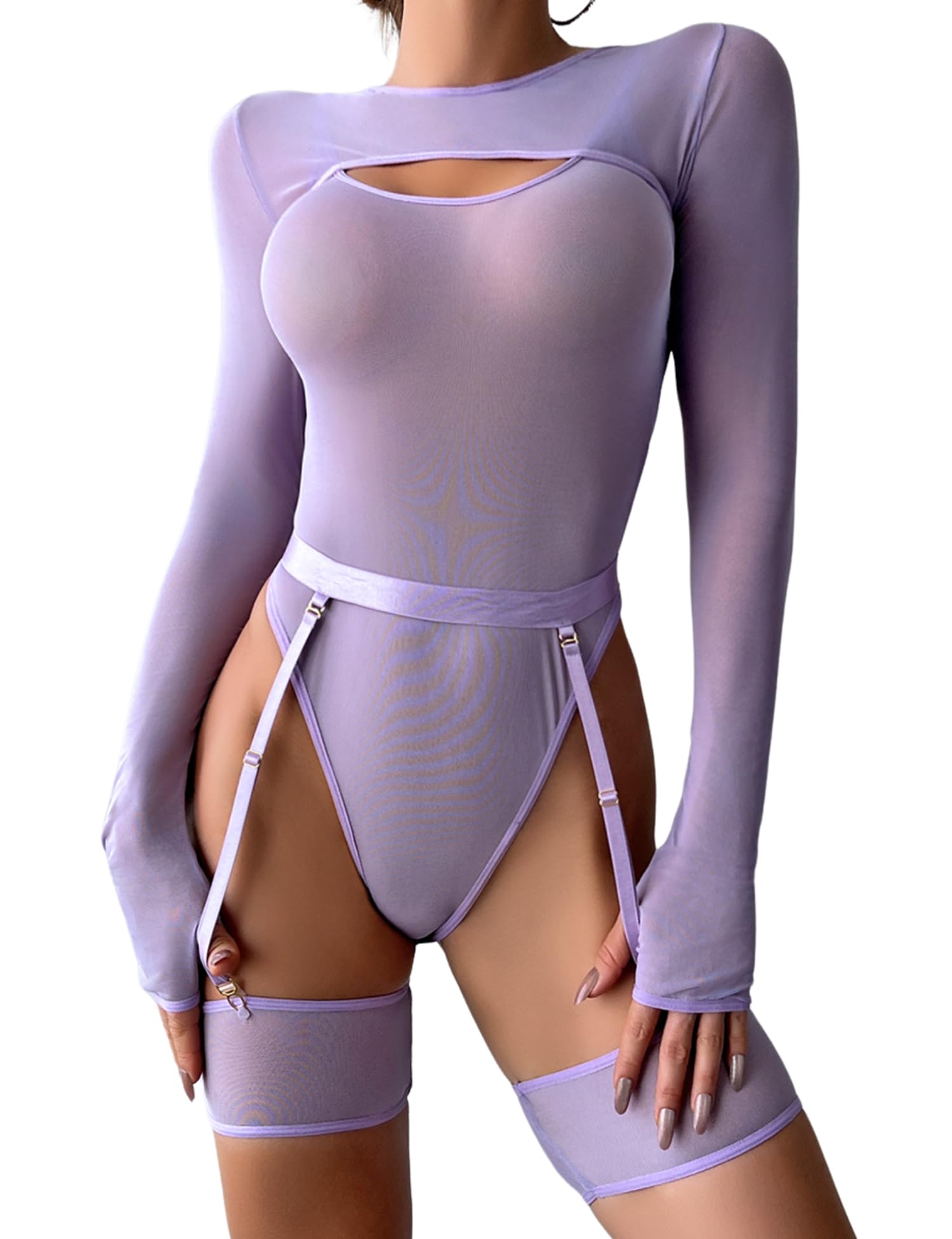Aranmei Women 5 Piece Sexy Lace Bodysuit with Thigh Cuffs, Lingerie Teddy Baby Dollars with Thigh Sleeveless Garters - M - purple