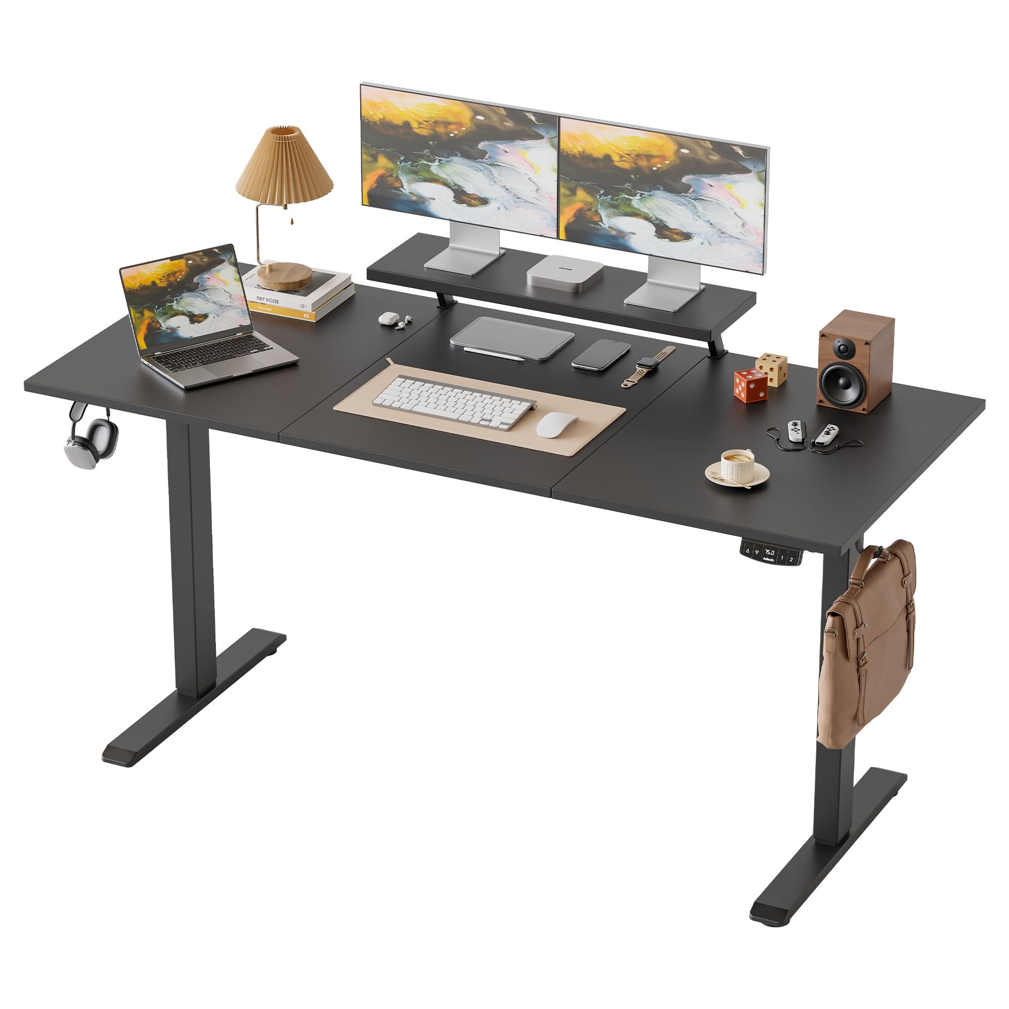Klicelor Höhenverstellbarer Schreibtisch mit beweglichem Monitorständer, 160x60cm, Sitz-Steh-Schreibtisch mit 2 Speichertasten, 3-teiligen Tischplatte, Computertisch, Schwarz
