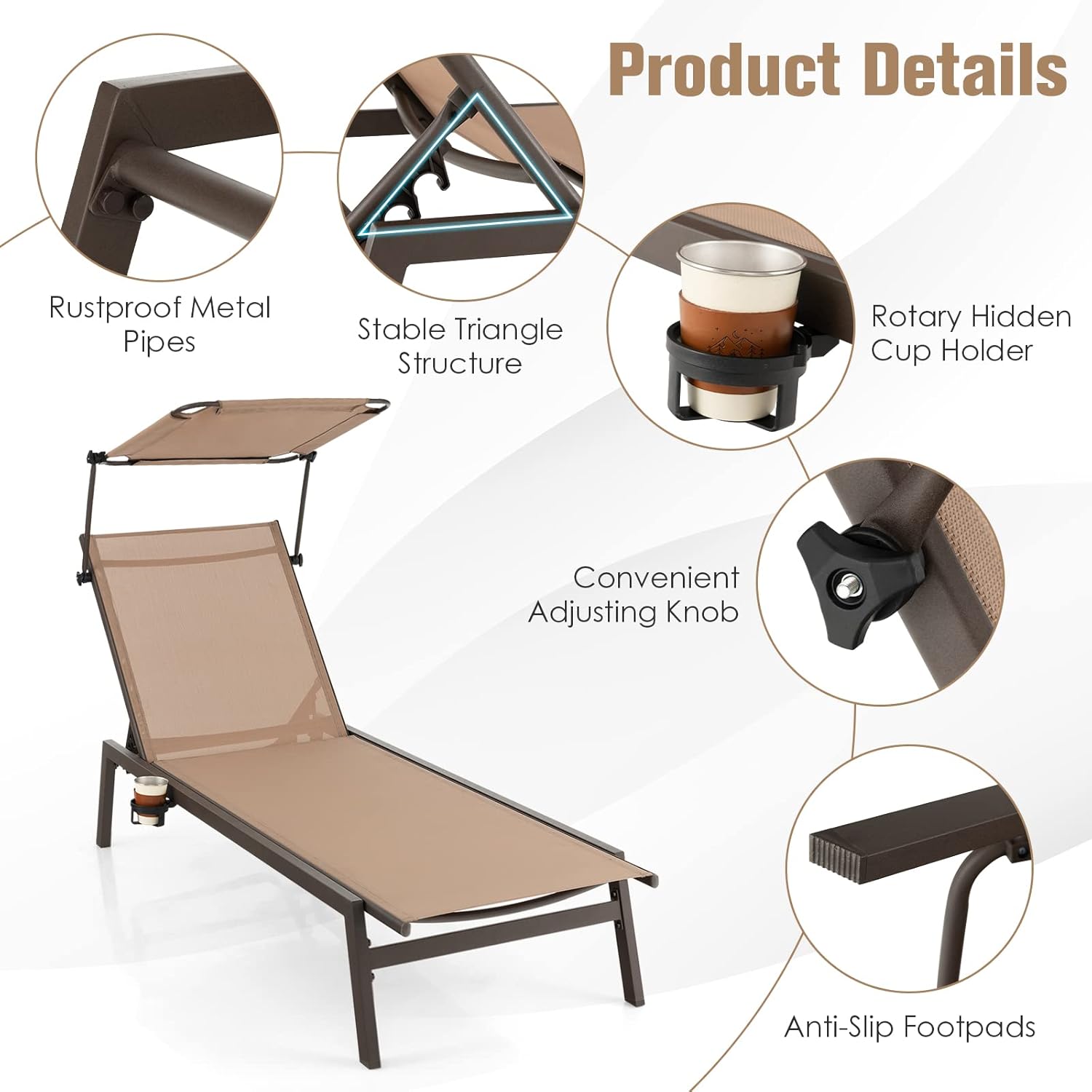 Tangkula 2 Pieces Patio Chaise Lounge Chair, Outdoor Recliner with Adjustable Canopy & Cup Holder, 6-Level Backrest, Heavy-Duty Metal Reclining Lounger for Poolside, Backyard (Brown)