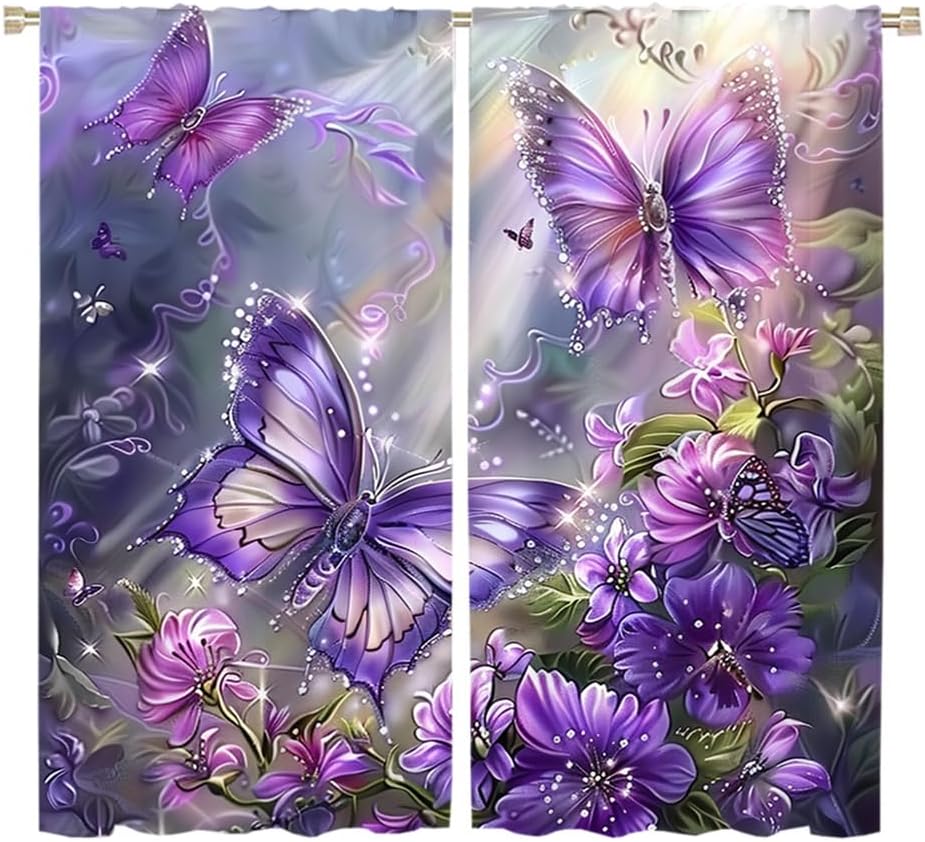 Brebasf Watercolor Butterflies Blackout Curtain Abstract Romantic Purple Flowers Floral Fly Butterfly Spring Garden Rod Pocket Window Insulating Decor for Bedroom Curtains 2 Panels 63" L x 31.5" W