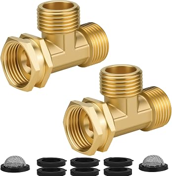 Jingzan 2 Pack Brass Garden Hose Tee Fitting, 3/4" GHT Female Swivel x Male x Male T Connector, Solid Brass Hose Branch Adapter for Outdoor Faucet, Garden Hose and Watering Attachments