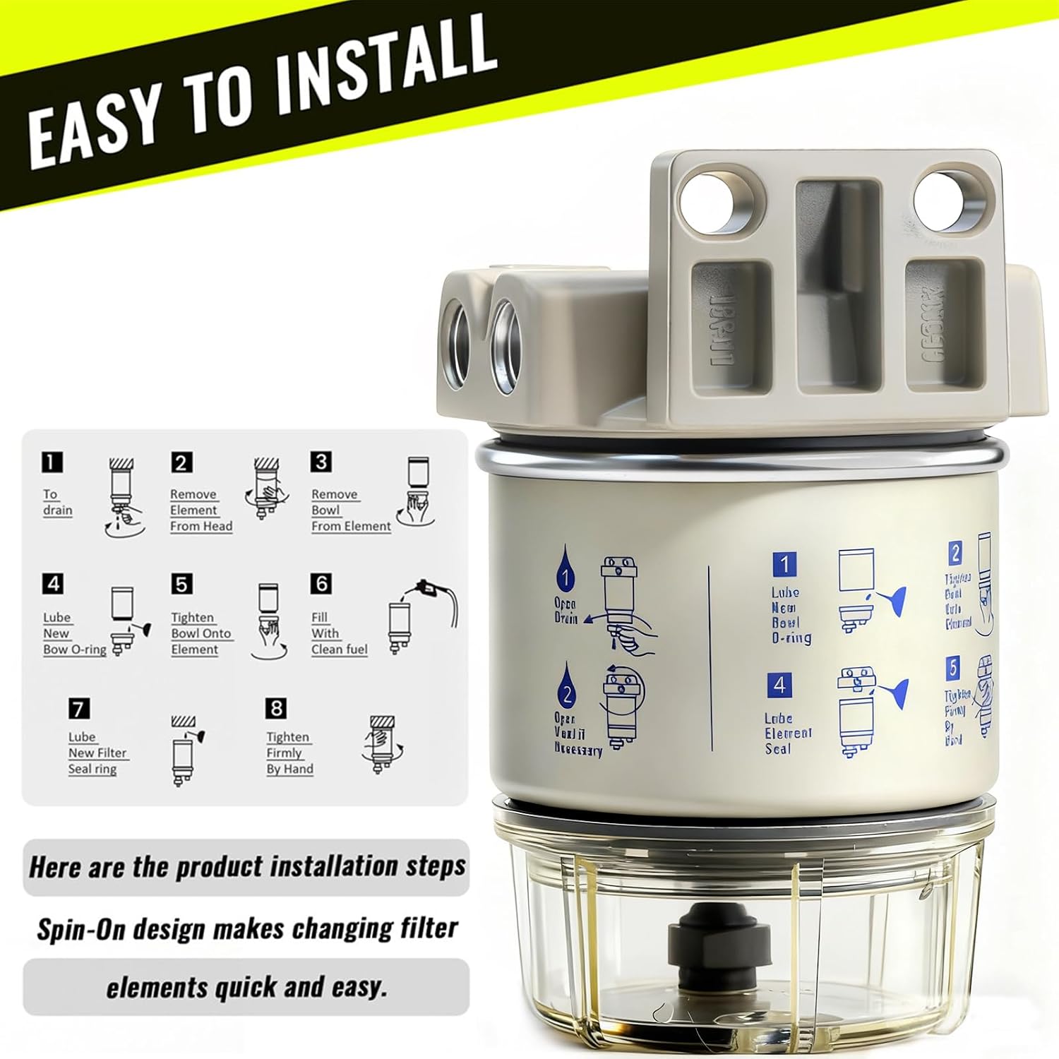 R12T Fuel Water Separator Fuel Filter/Water Separator Marine Complete Kit 10 Micron Filter Replaces Racor S3240 120AT R12T NPT ZG1/4-19 Fit 3/8 Inch NPT Outboard Motors for Gas & Diesel Engines
