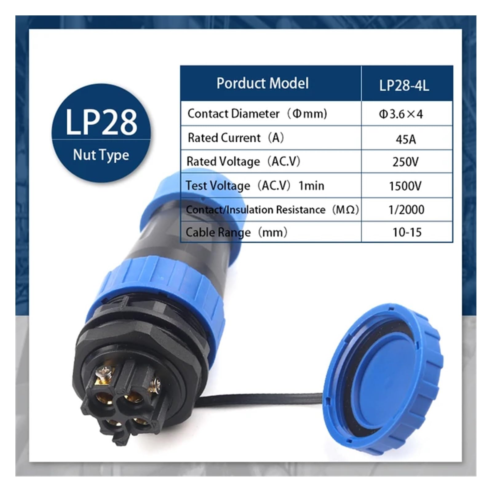 POWTAXBJGD LP/SP28 IP68 Nut Type Cable Connector 2/3/4Pin No Welding Screw Connection Male Female &Socket(LP28-4L)