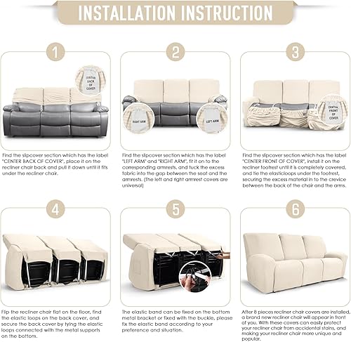 Miniatura 7 de TAOCOCO Fundas para sofá reclinable, 8 piezas, fundas elásticas para sofá grande de 3 asientos, fundas reclinables, protector de muebles con patrón