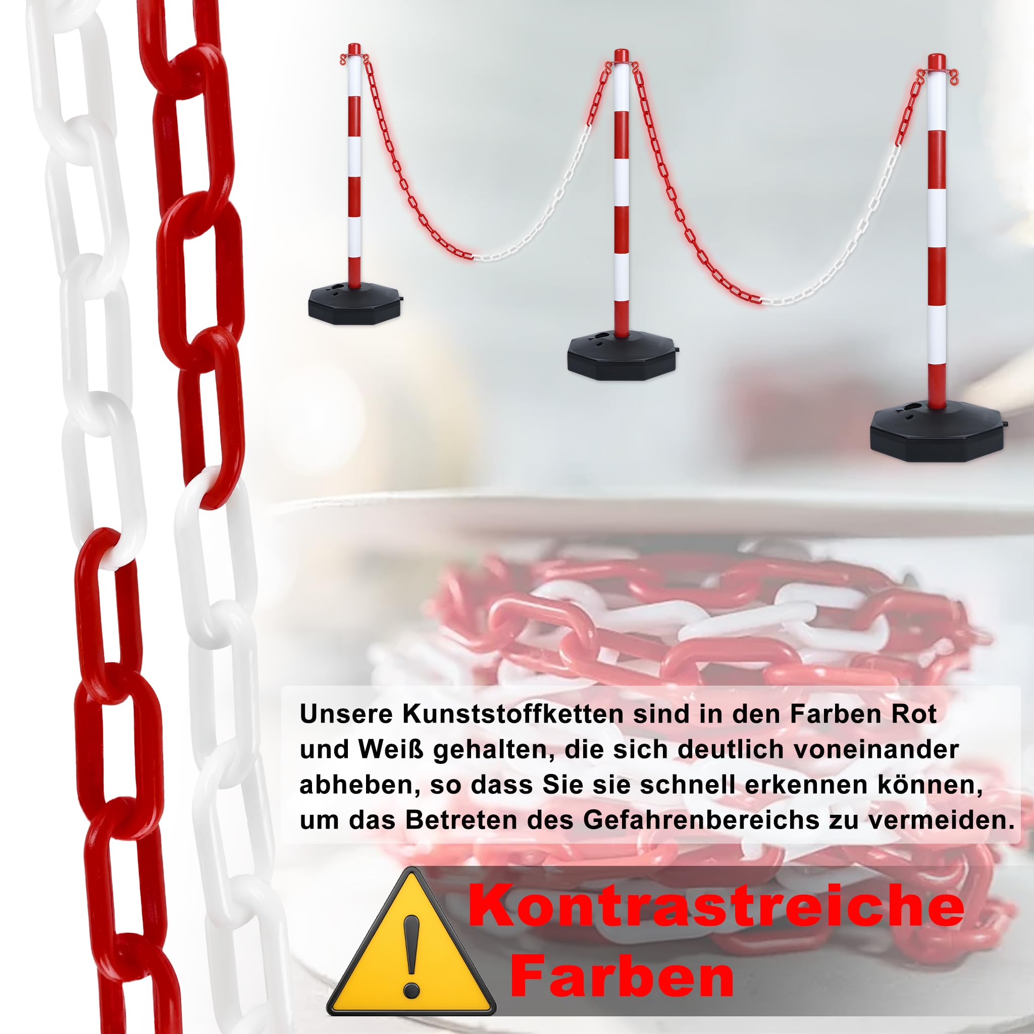 XMTECH Chaîne d'arrêt, en plastique, 6 mm de diamètre, 50 m de long, rouge et blanc, chaîne à maillons, chaîne de sécurité, pour chantier, résistante aux UV et au gel
