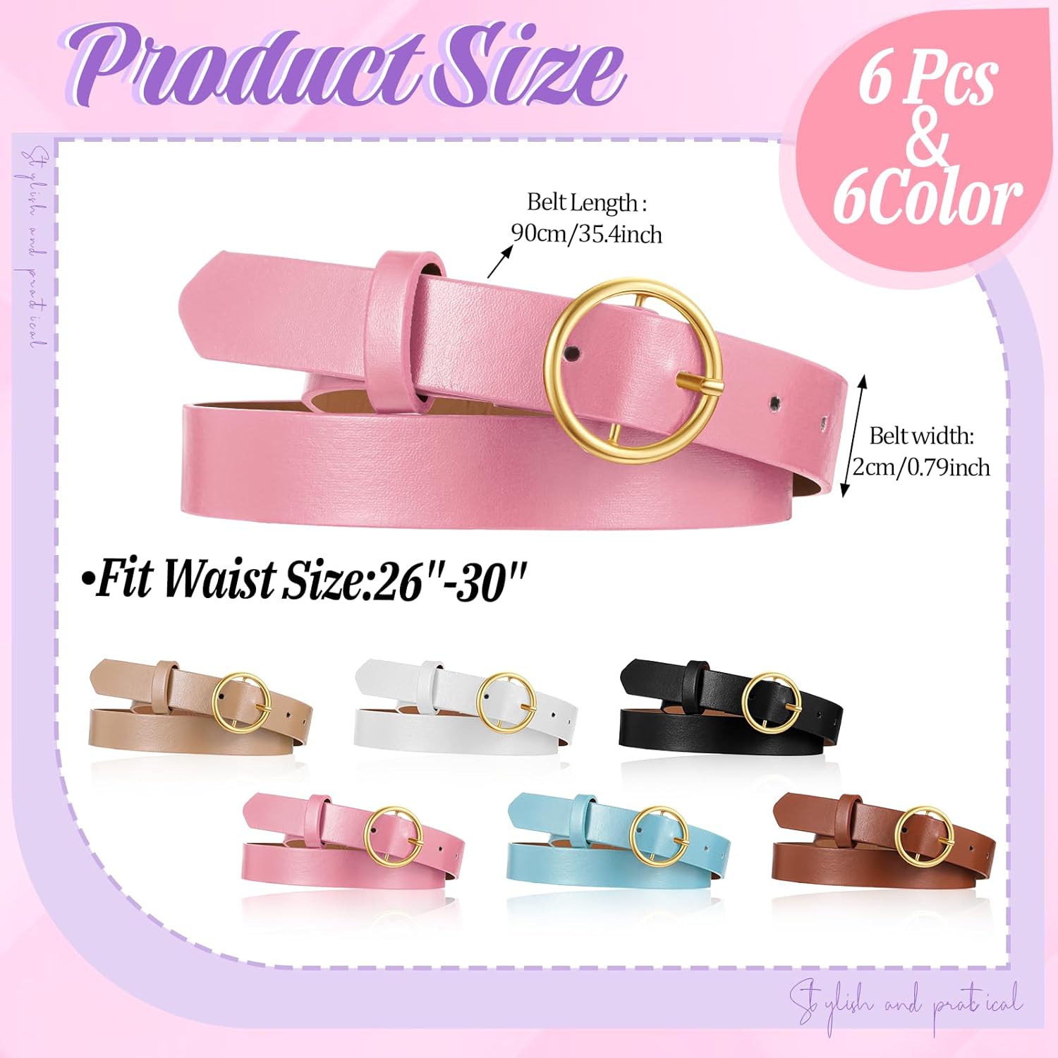 6 PCS Girls Belts Size 10-12 Kids Leather Belt Colorful Long Belts for Waists 26"-30" Women Girls, O Ring Buckle Casual Leather Belt for Dresses Pants Jeans - Image 2