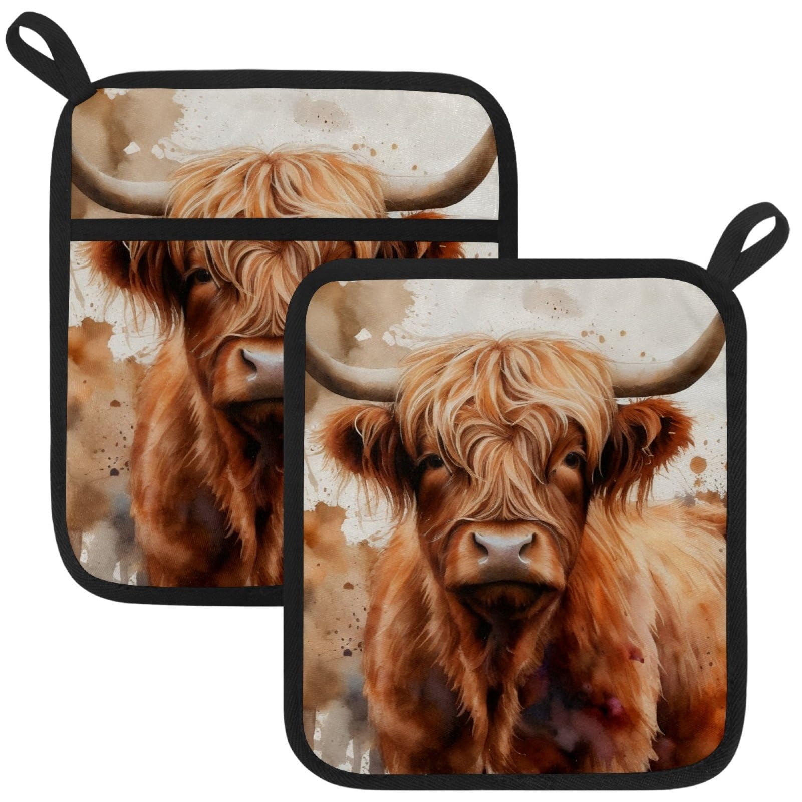 VAPOKF Highland Cattle. Pot Holders with Pocket for Kitchen Heat Resistant Potholders Large Polyester-Cotton Square Oven Mitts Set