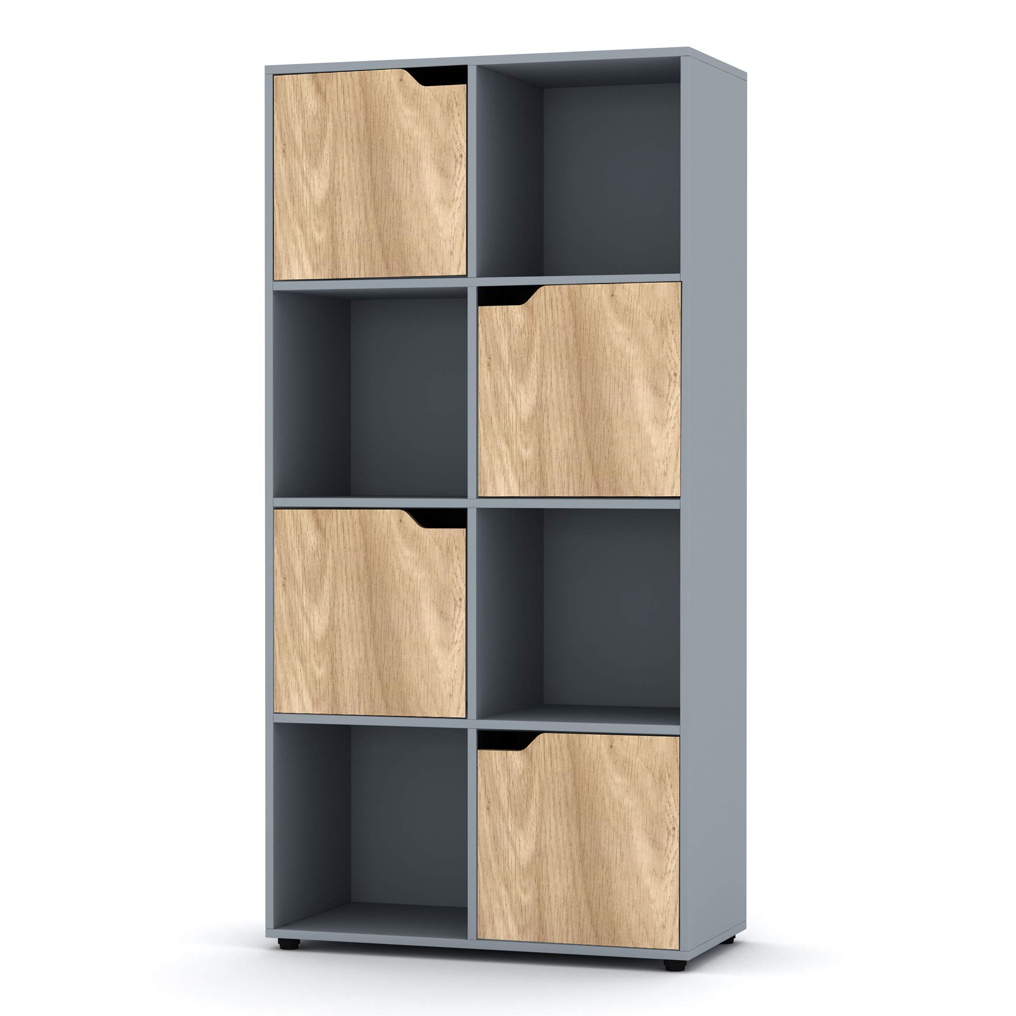 URBNLIVING Wooden Cubed Bookcase With Doors (8 Cube, Grey Bookcase And Oak Door)