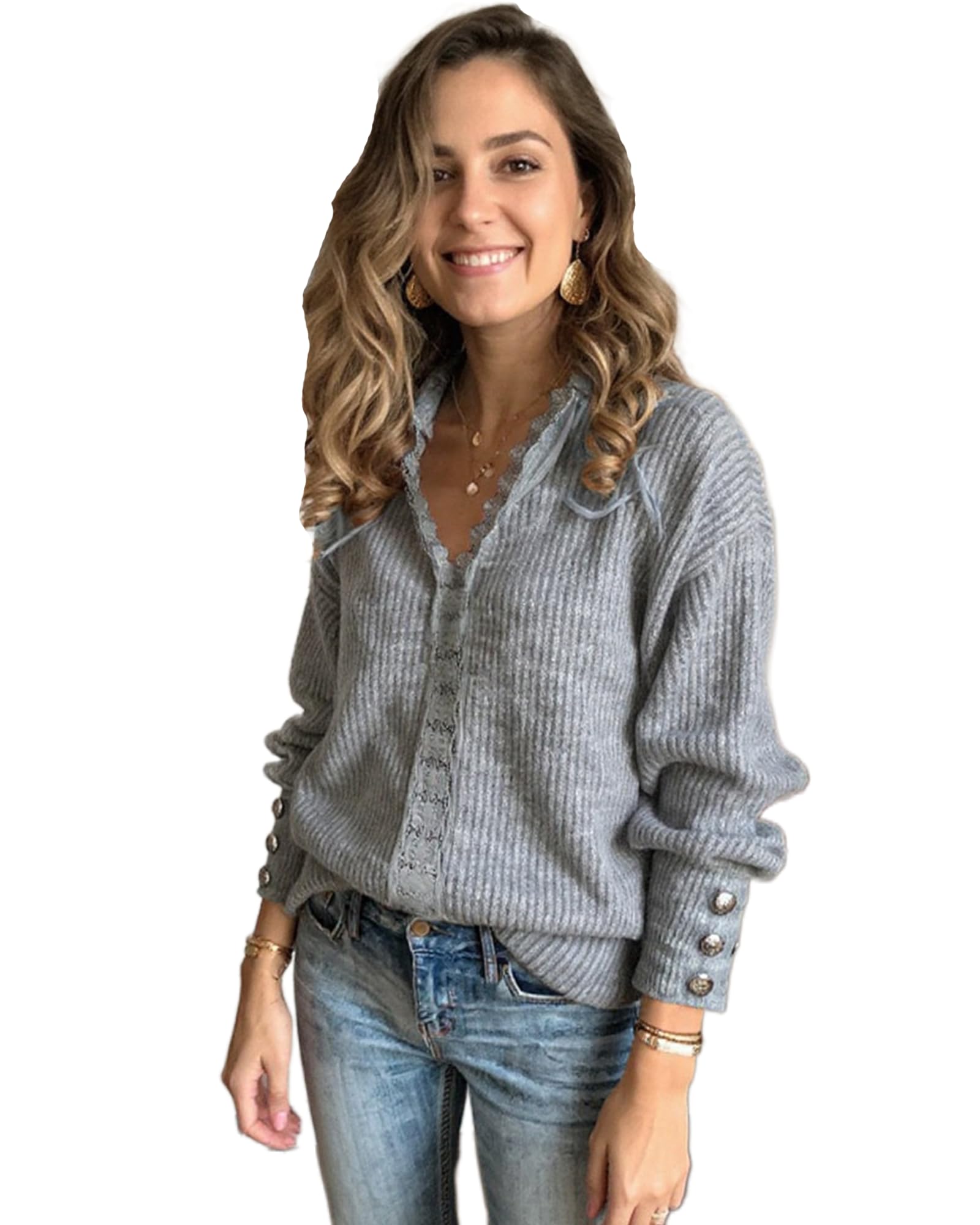 Womens Lace Trim Crochet V Neck Knitted Sweater Casual Button Long Sleeve Sweaters Soft Fall Pullover Tops X-Large