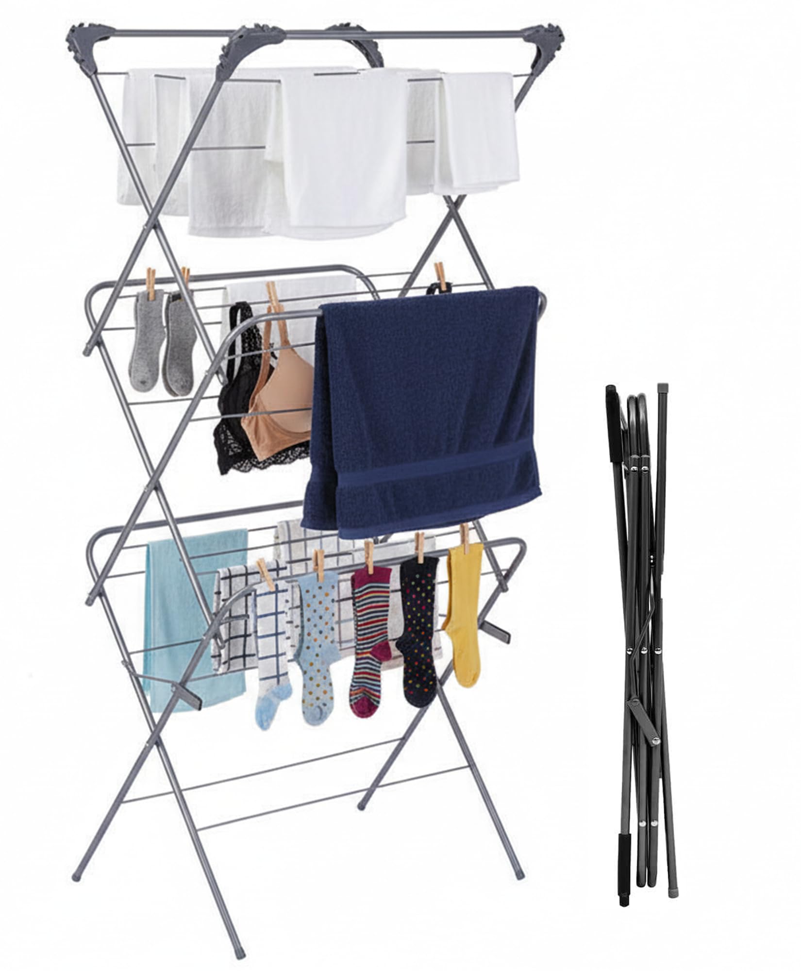 Meown 3-Tier Clothes Airer with 20 Pegs, Foldable Indoor/Outdoor Laundry Drying Rack, Clothes Horse with 12m Drying Space, Clothes Dryer with Non-Slip Feet, Folds Flat for Easy Storage,Black
