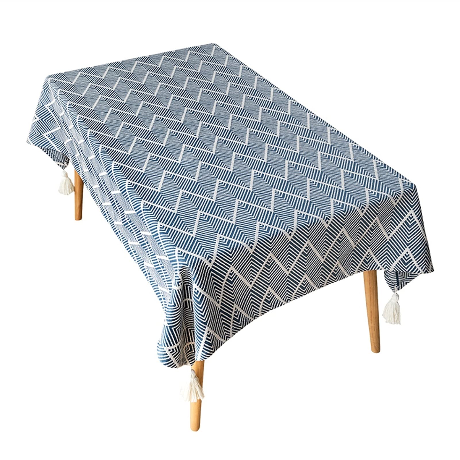 Granatowy prostokątny obrus bawełniany i lniany obrus na stół do jadalni z frędzlami, do kuchni, jadalni i na imprezy, 140 x 220 cm, elegancka dekoracja stołu