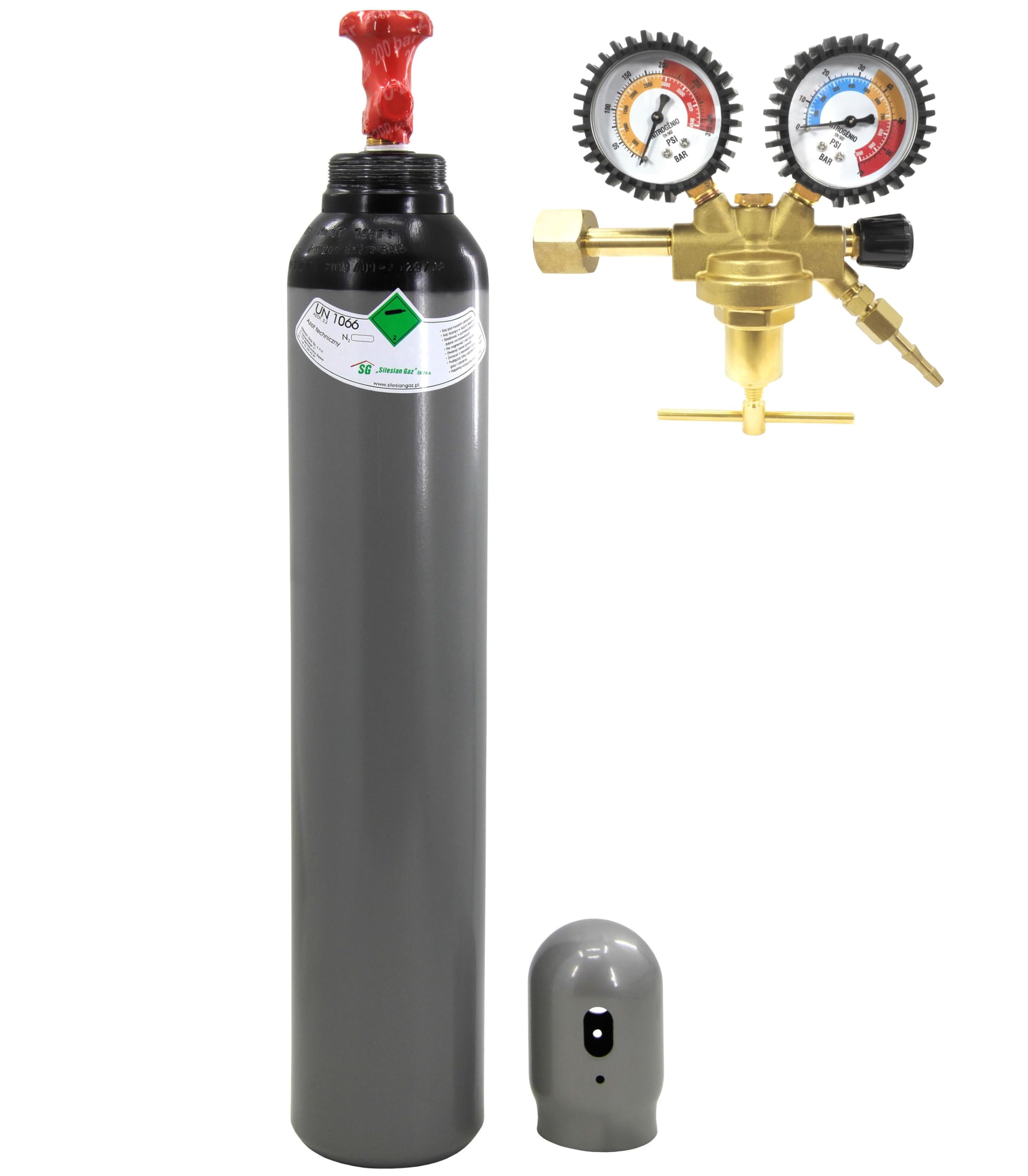 Botella de nitrógeno de 8 L + regulador de presión de nitrógeno, botella de nitrógeno con regulador de presión, 40 bar, 200 bar, 1,8 m3
