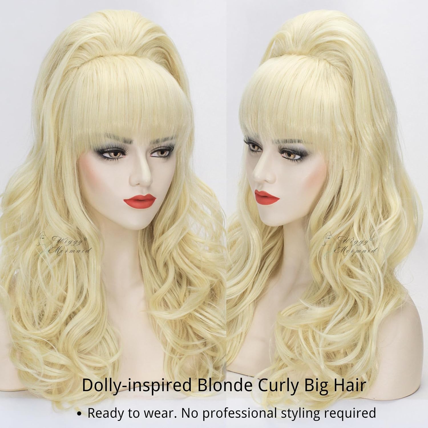Wiggy Mermaid Blonde Beehive Wig 70s 80s Long Curly Big Hair Women Vintage Bouffant Updo Fembot Wig for Halloween Party Country Singer Costume + Cap - Image 7