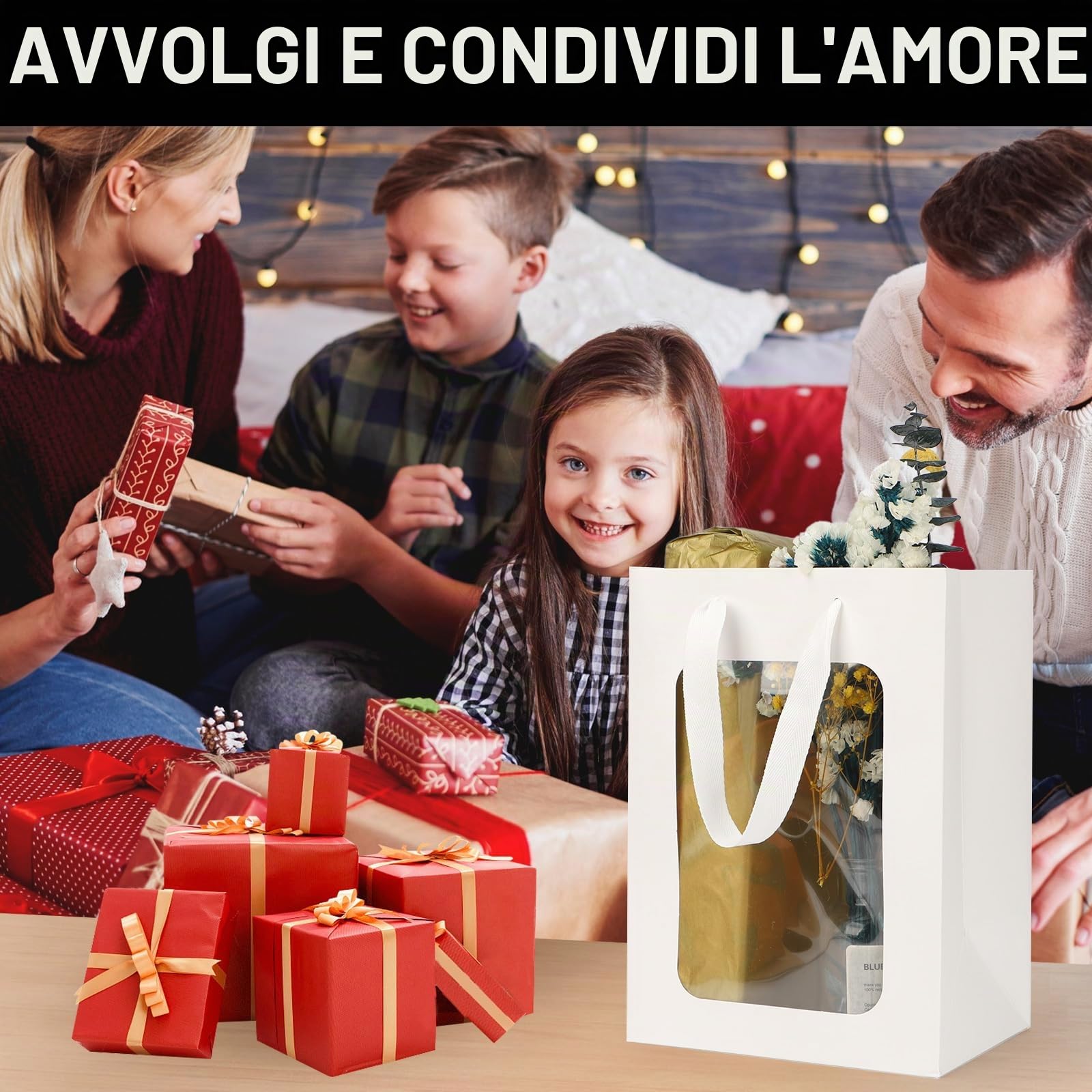 EUSOAR Sacchetti di Carta con Finestra - 50 Pezzi Sacchetti Regalo Bianco - 230GSM Buste Regalo 18x13x25cm - Busta Carta con Manici - Buste Trasparenti per Compleanno Anniversari
