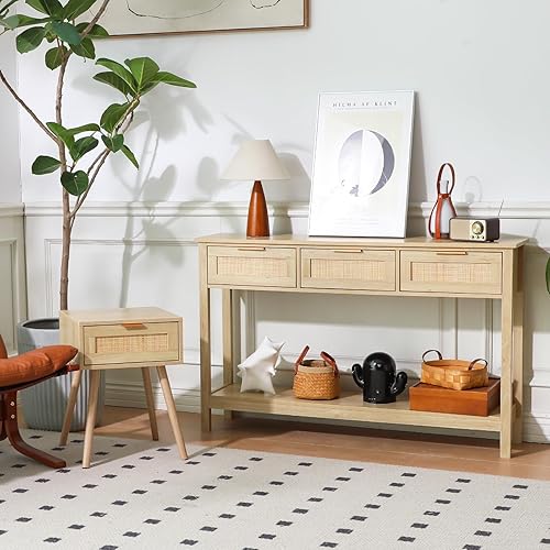 Miniatura 3 de LAZZO Mesa consola de 51 pulgadas mesa de sofá de grano de roble con marco de madera mesa rústica de pasillo con 3 cajones de almacenamiento de